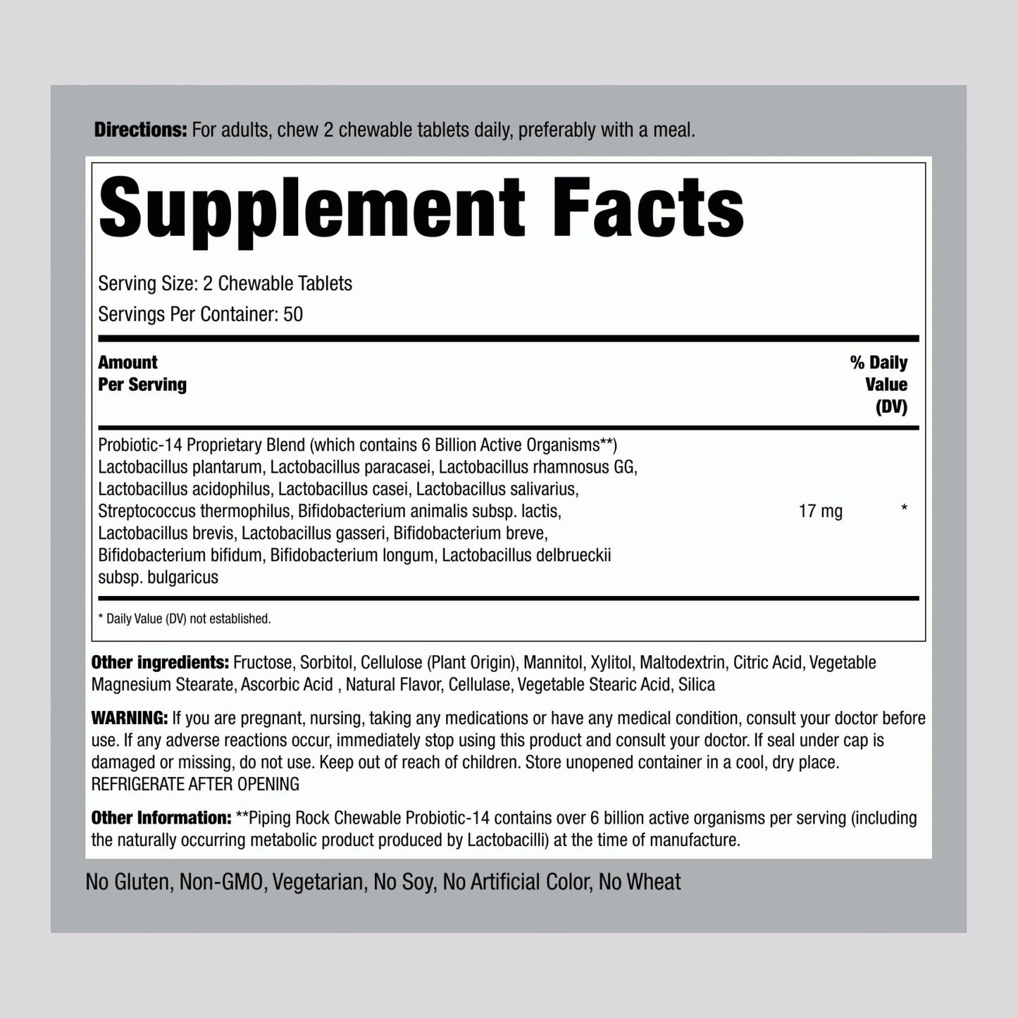 Piping Rock Probiotic for Women and Men Tablets, 100 Count