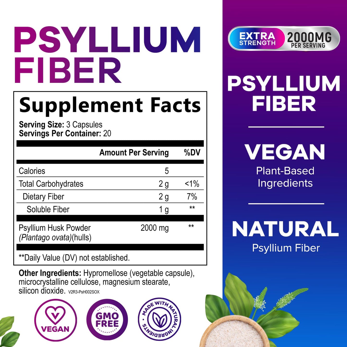 Nature's Peak Psyllium Husk Capsules 2000mg Per Serving, 60 Capsules