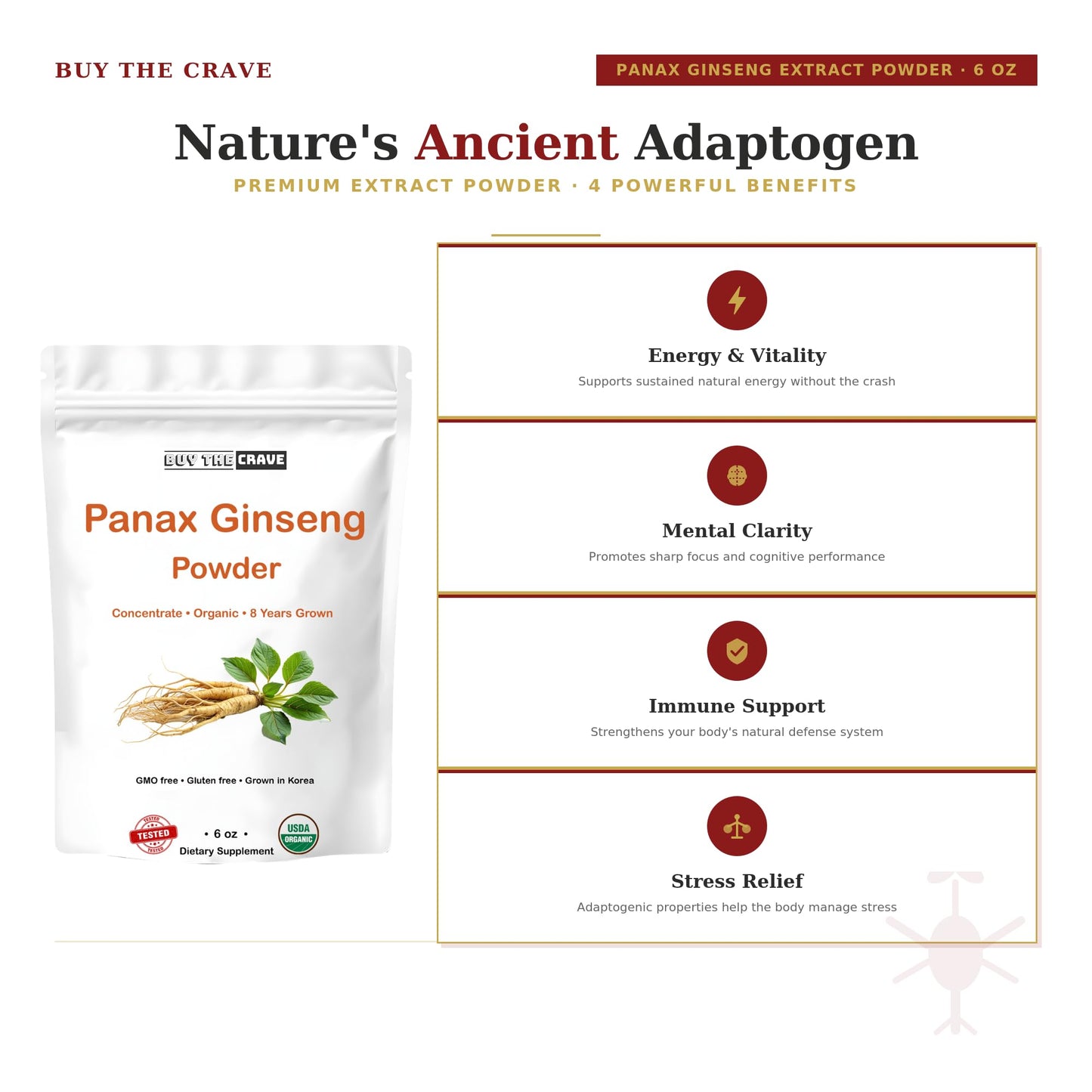 BUY THE CRAVE Organic Korean Panax Ginseng Root Extract Powder, Maximum Strength, with Active Ginsenosides, 6 oz