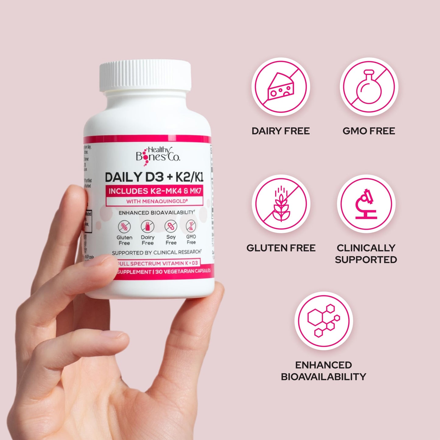 Healthy Bones Co. Premium D3 K2 - Full Spectrum Vitamin D3 K2, 2000 IU D3 + MK7 + MK4 + K1, Daily D3 K2 & K1 Supplements - Vitamin D Supports Calcium Absorption for Strong Bones & Immune Health, Capsules, 30