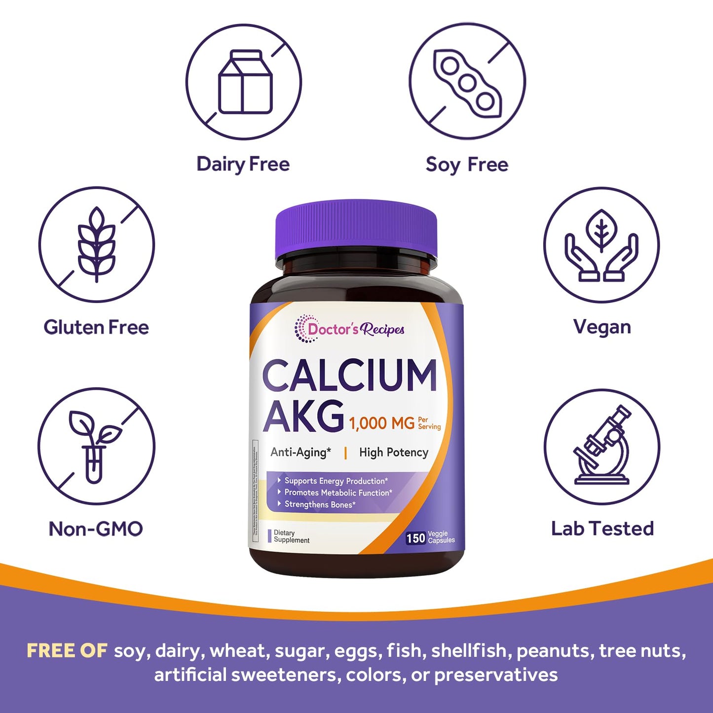Doctor's Recipes Calcium AKG 1000mg Alpha-Ketoglutarate Capsules 150 Count