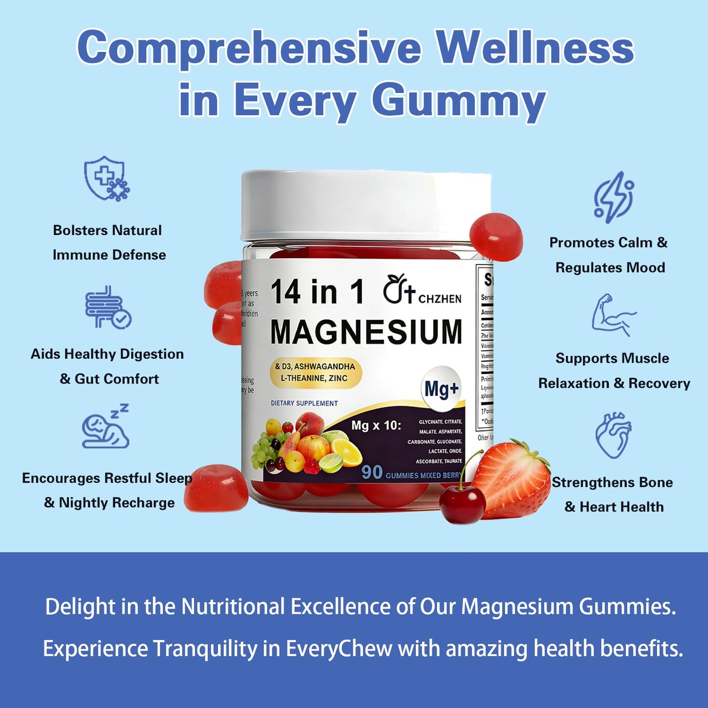 SERSANVE Magnesium 14-in-1 Complex Gummies with Ashwagandha & L-Theanine, Zinc, 90 Gummies