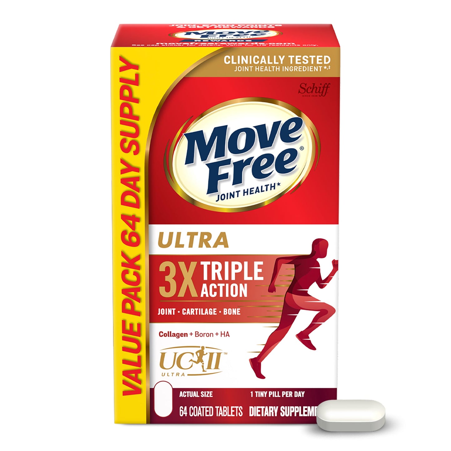 Move Free Ultra Triple Action Joint Support Supplement Tablet, Type II Collagen, Boron & Hyaluronic Acid, 64 Tablets
