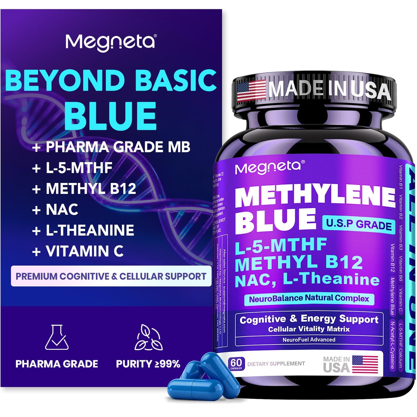 MEGNETA Methylene Blue Pharmaceutical Grade Capsules, 60 Count