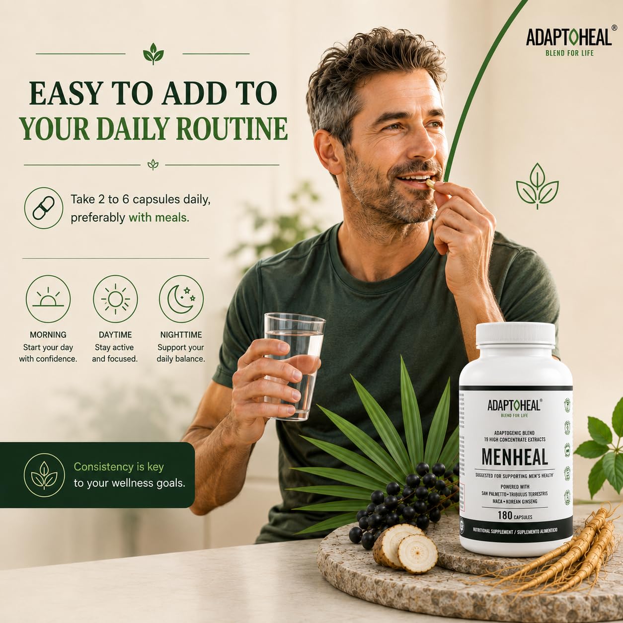 ADAPTOHEAL Urinary Health and Prostate Support Supplement for Men with Saw Palmetto, Tribulus Terrestris, Maca and Korean Ginseng Capsules 180 Count