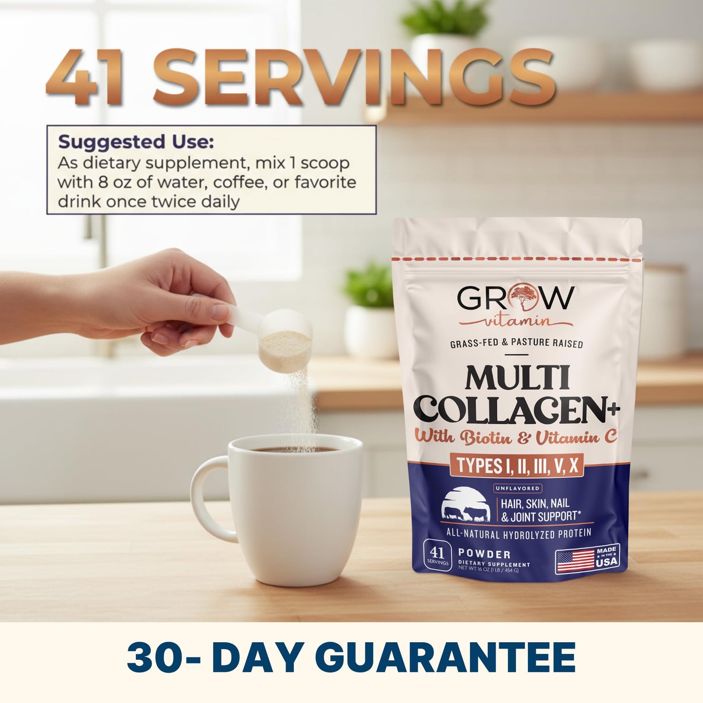 Grow Vitamin Collagen Multi Collagen Powder for Women with Types I, II, III, V & X - Keto Friendly, Hydrolyzed Collagen Peptides Powder Blend with Biotin & Vitamin C, 1 Pound