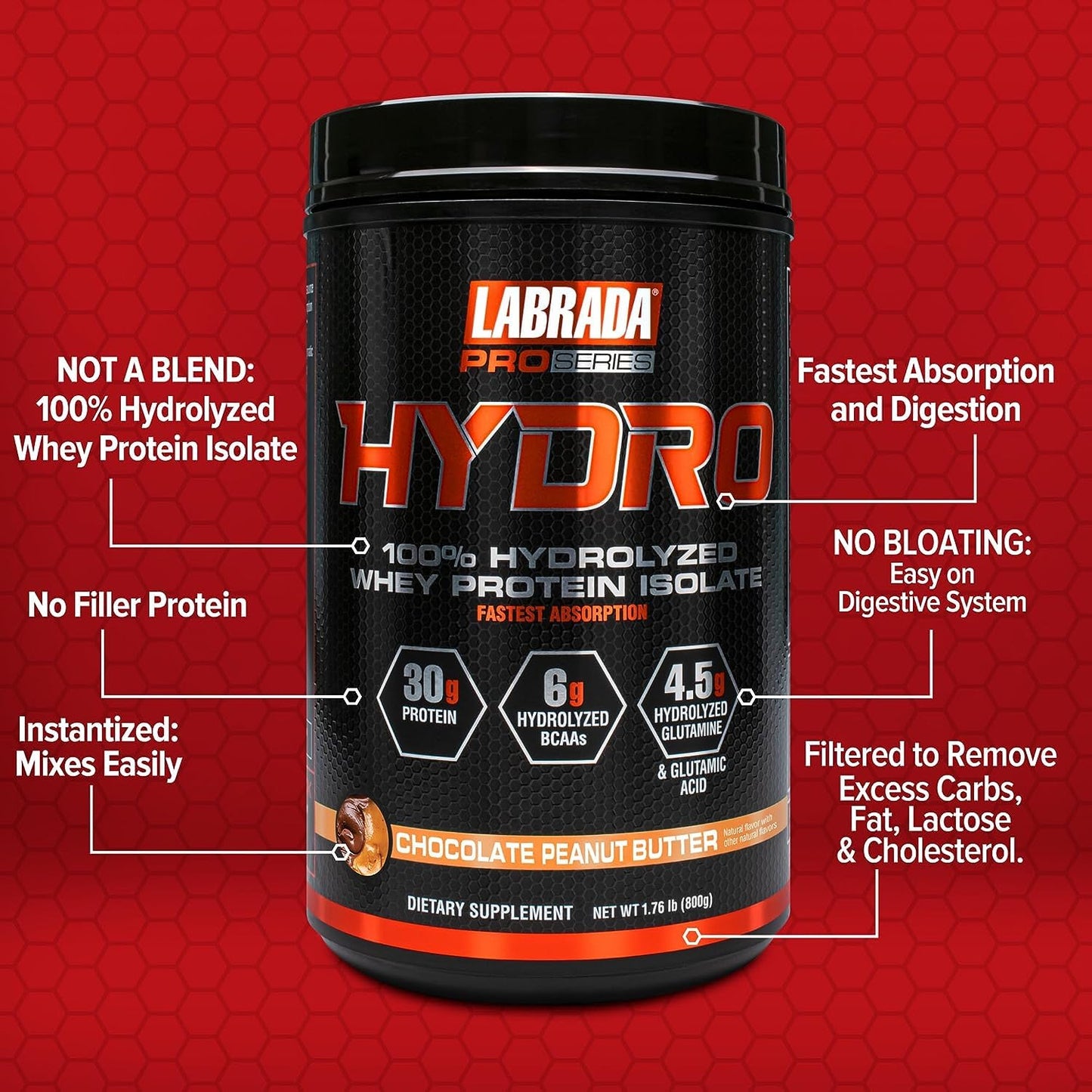 Labrada Hydro 100% Pure Hydrolyzed Whey Protein Isolate Powder, 20 Servings, Chocolate Peanut Butter