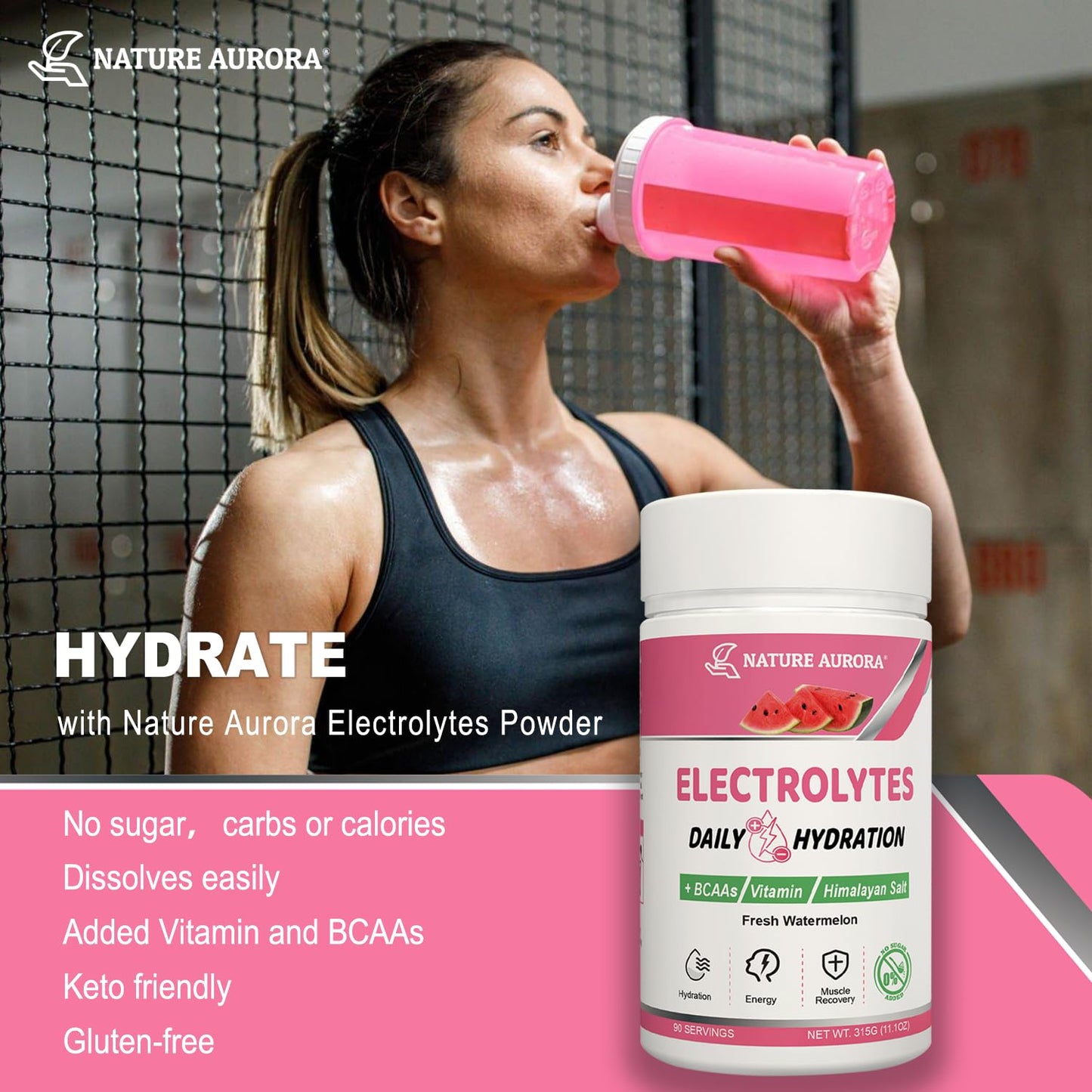 Nature Aurora Electrolytes Powder No Sugar, Fresh Watermelon Flavor, 90 Servings, 11.1 oz