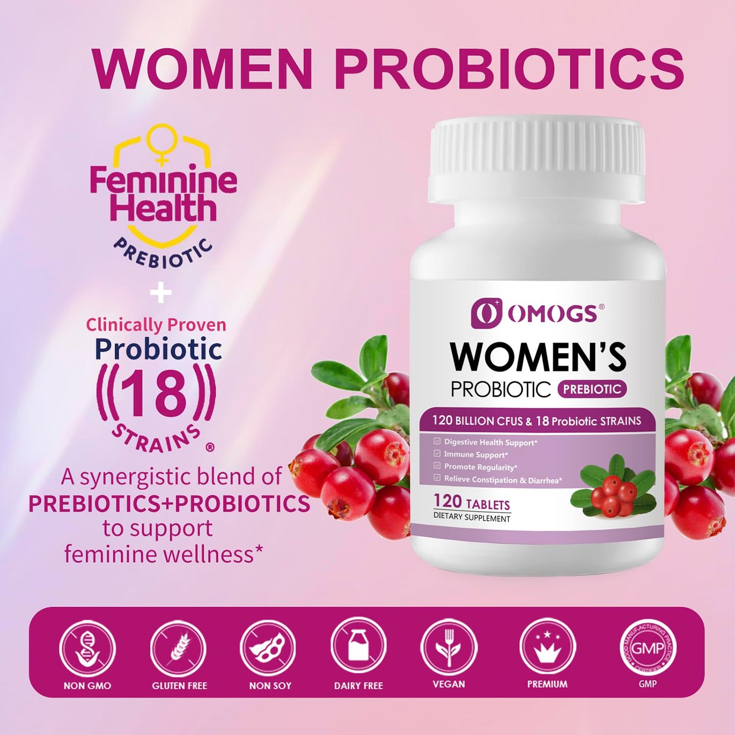 OMOGS Women's Probiotic with Cranberry Extract, Organic Prebiotics & Vitamin C, 120 Billion CFUs, 18 Strains, 90 Tablets