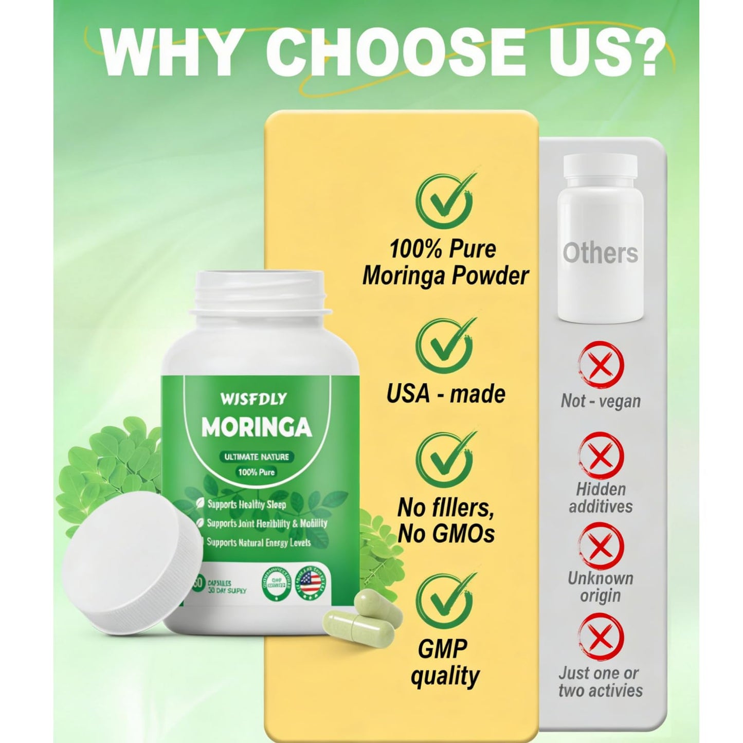 WJSFDLY Moringa Capsules 800mg Pure Moringa Powder, 60 Capsules