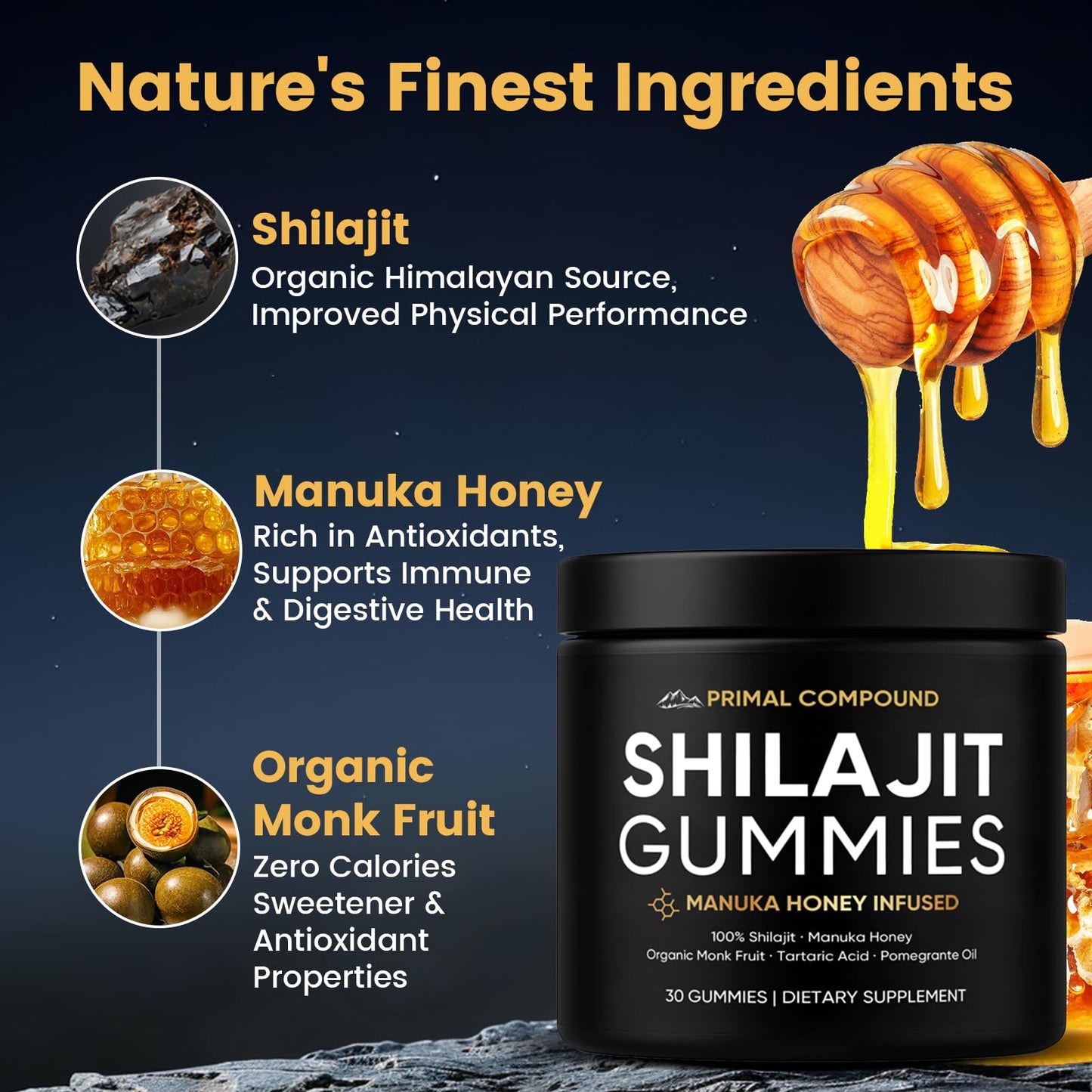 TOGOLIUN Primal Compound Shilajit Gummies for Men with Manuka Honey, Organic Monk Fruit & Fulvic Acid, 30 Gummies