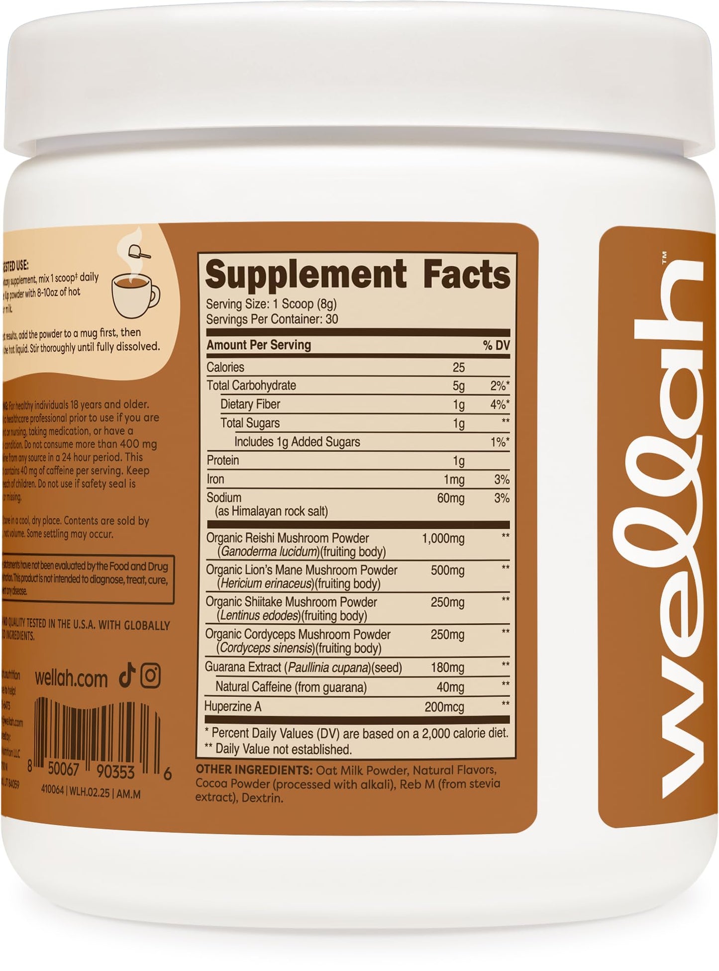 Wellah Wake Up Adaptogenic Mushroom Drink Blend Mocha Flavored Powder 8.1