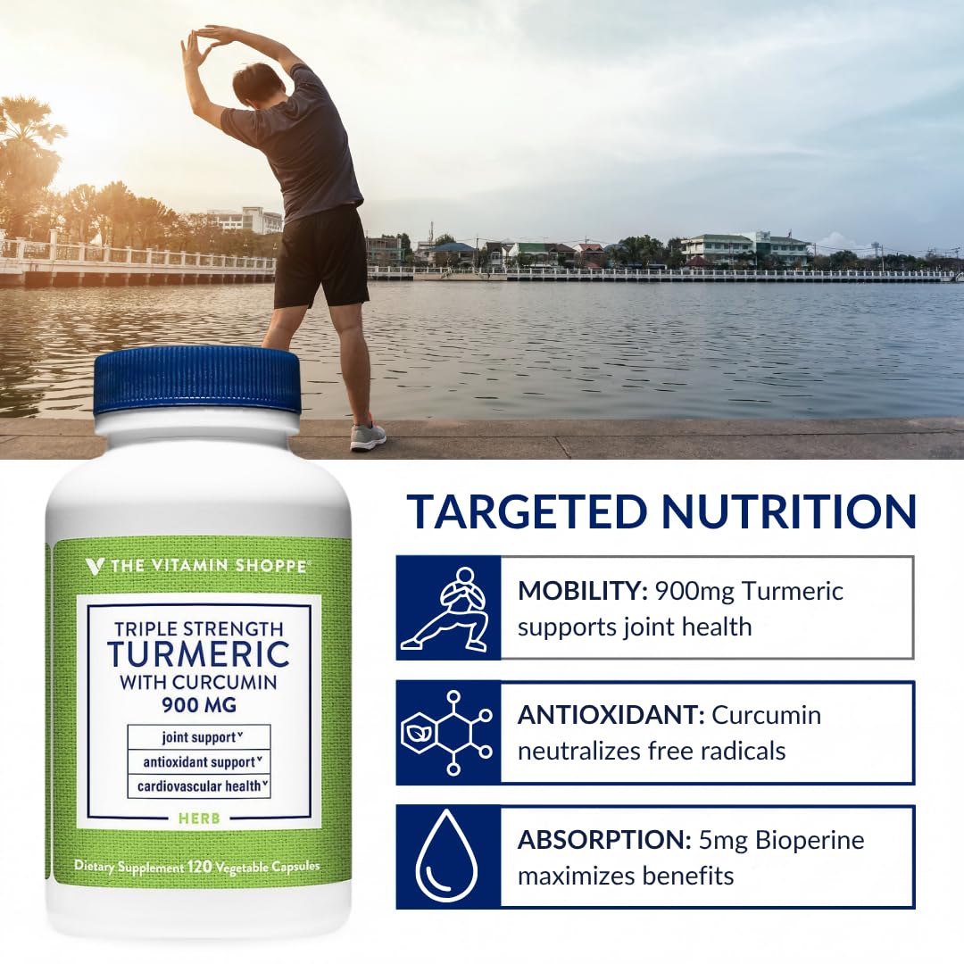 The Vitamin Shoppe Triple Strength Turmeric Supplement with Curcumin 900mg & BioPerine, Black Pepper Extract for Joint Mobility & Antioxidant Support, Vegetarian Capsules, 120 Capsules