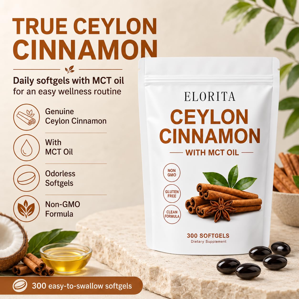 JointVance Elorita Ceylon Cinnamon Softgels with MCT Oil 300 Count