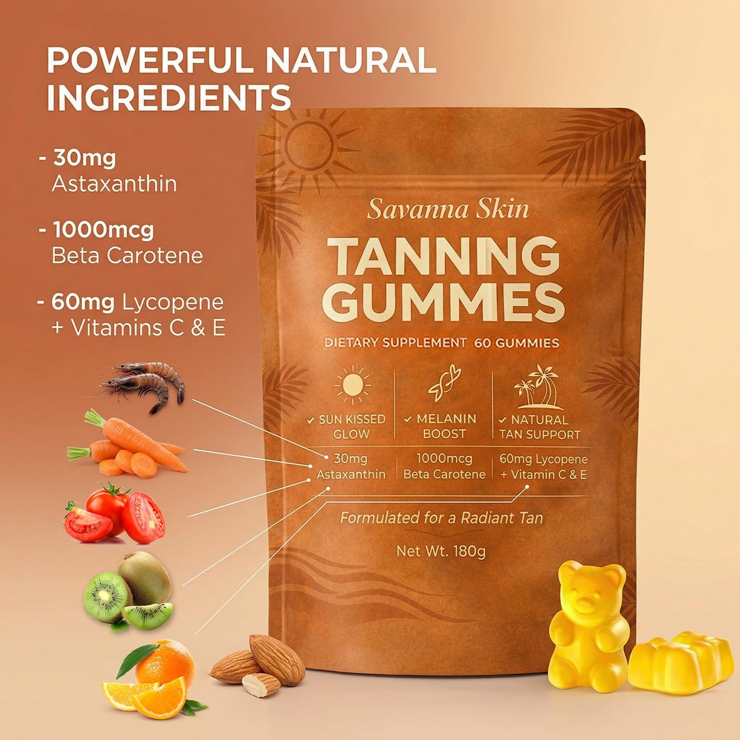 Savanna Skin Tanning Gummies, All-Natural Antioxidant Blend with Vitamin C & E, Astaxanthin, Beta Carotene, 1 Count