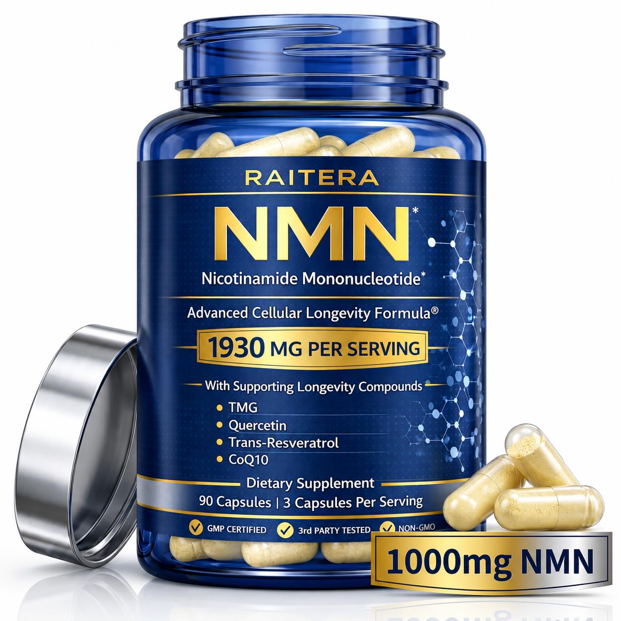 Raitera NMN Supplement 1000mg – 10-in-1 NAD+ Support with Quercetin, TMG, Resveratrol, ALA, CoQ10 & Apigenin – NMNH Alternative for Women & Men – Supports Cellular Energy & NAD+ Levels, 90 Capsules