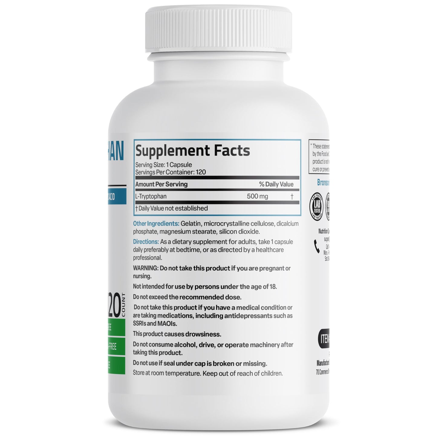 Bronson L-Tryptophan 500 mg High Potency Essential Amino Acid 120 Capsules