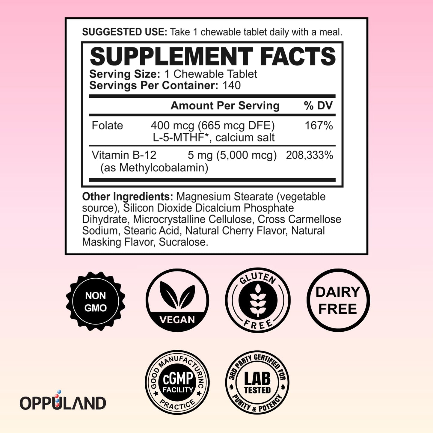 oppuland Methyl B-12 5000mcg Chewable with Folate - Vitamin B12 Methylcobalamin Sublingual Tablets - Supports Energy & Brain Function - Vegan Supplement - Cherry Flavor - 140 Count