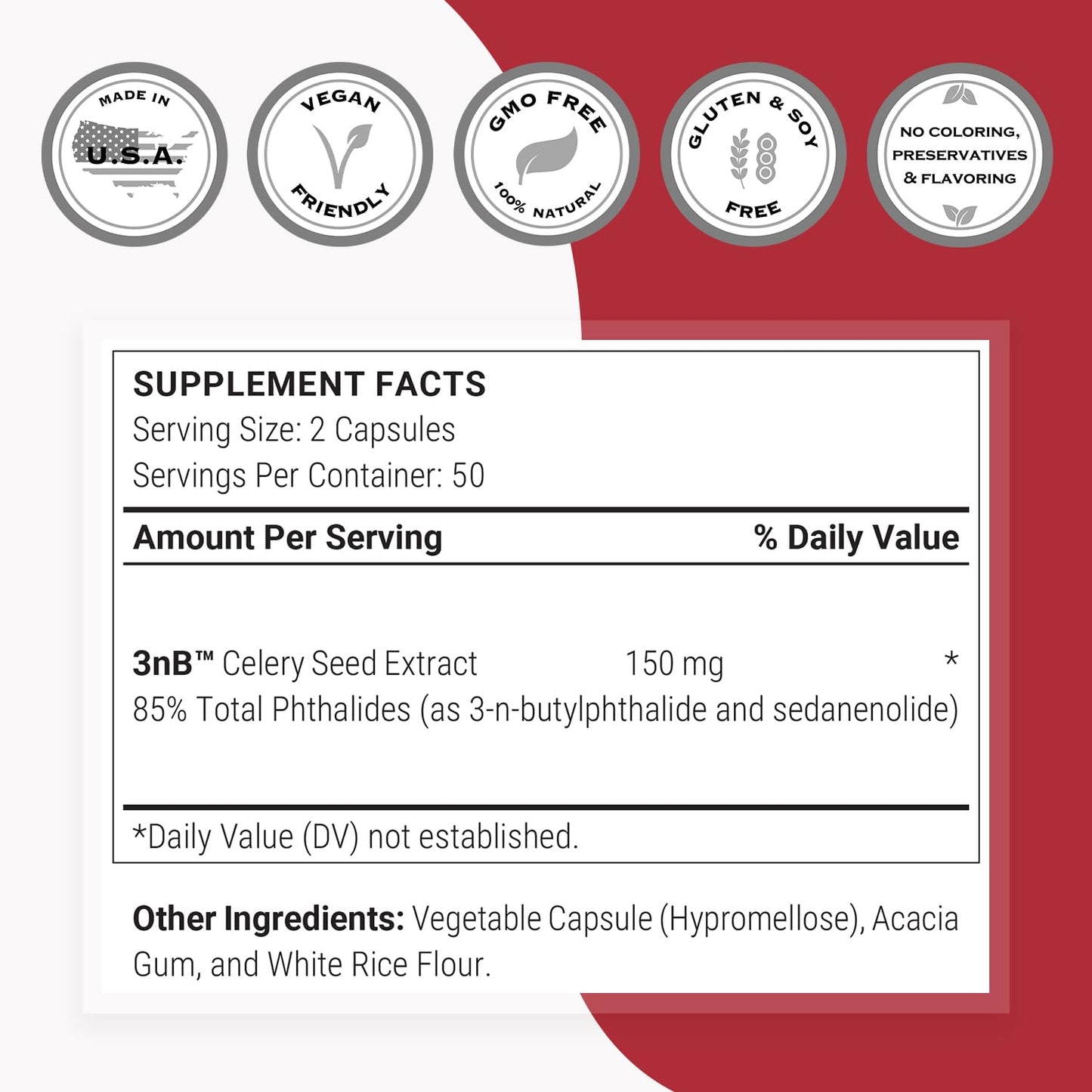 Supersmart Celery3nb 150mg per Day Natural Celery Seed Extract Supplement Well-Tolerated Phthalides, Non-GMO & Gluten Free, 100 Vegetarian Capsules