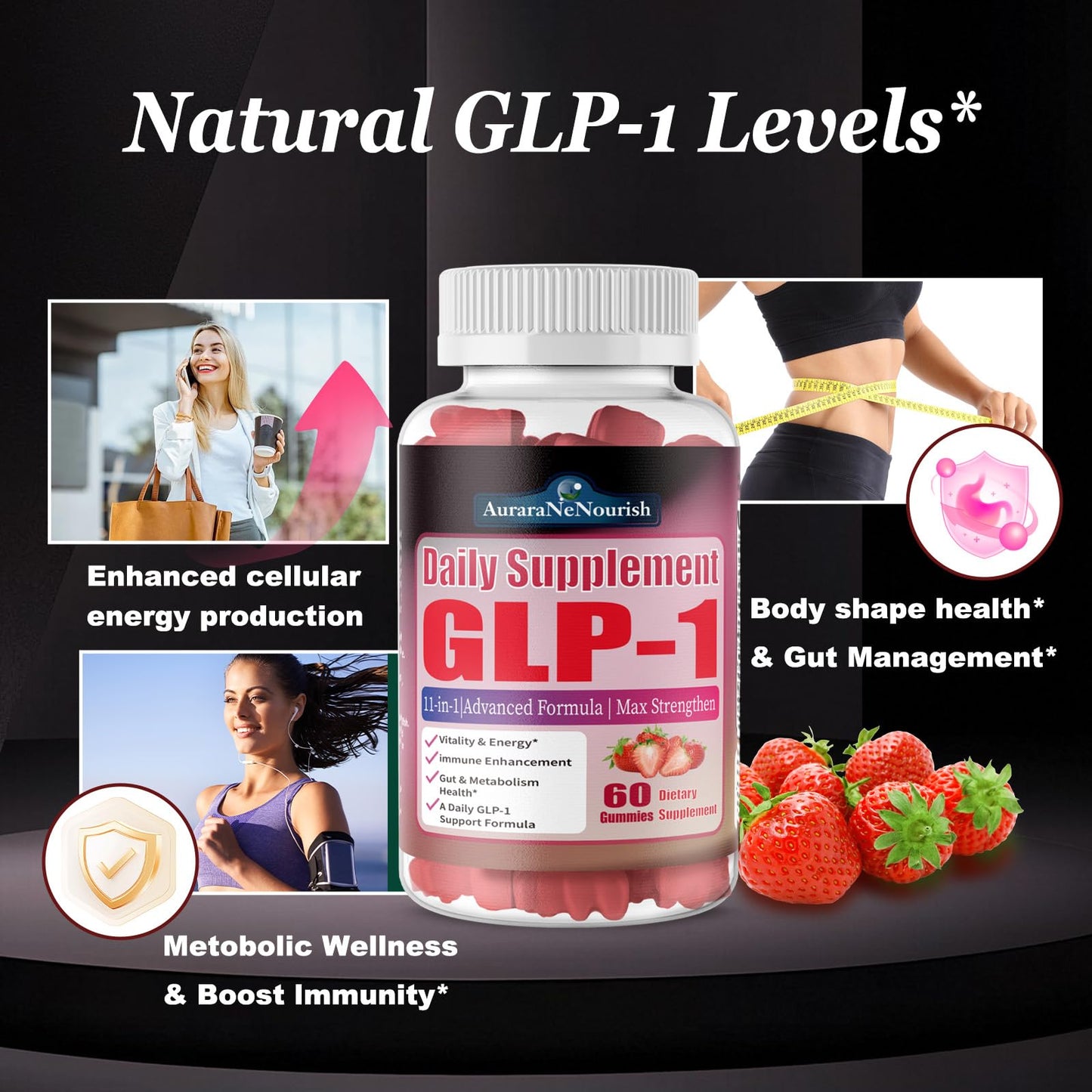 AuraraNeNourish GLP-1 Sugar Free Probiotic Gummy Supplement with Akkermansia Muciniphila, Berberine & Ceylon Cinnamon, 60 Gummies