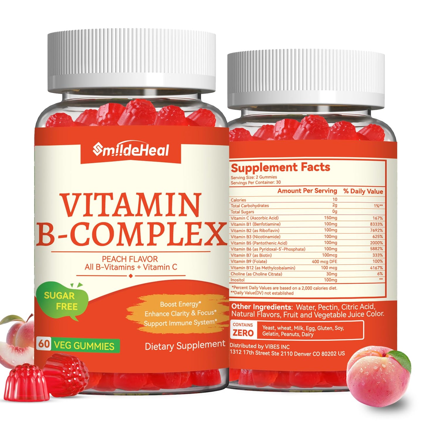 SmildeHeal Vitamin B Complex Gummies for Women & Men - B Complex with B Vitamins, Vitamin C & Choline - Energy & Immune Support - Vegan, Sugar Free, Peach Flavor - 120 Gummies