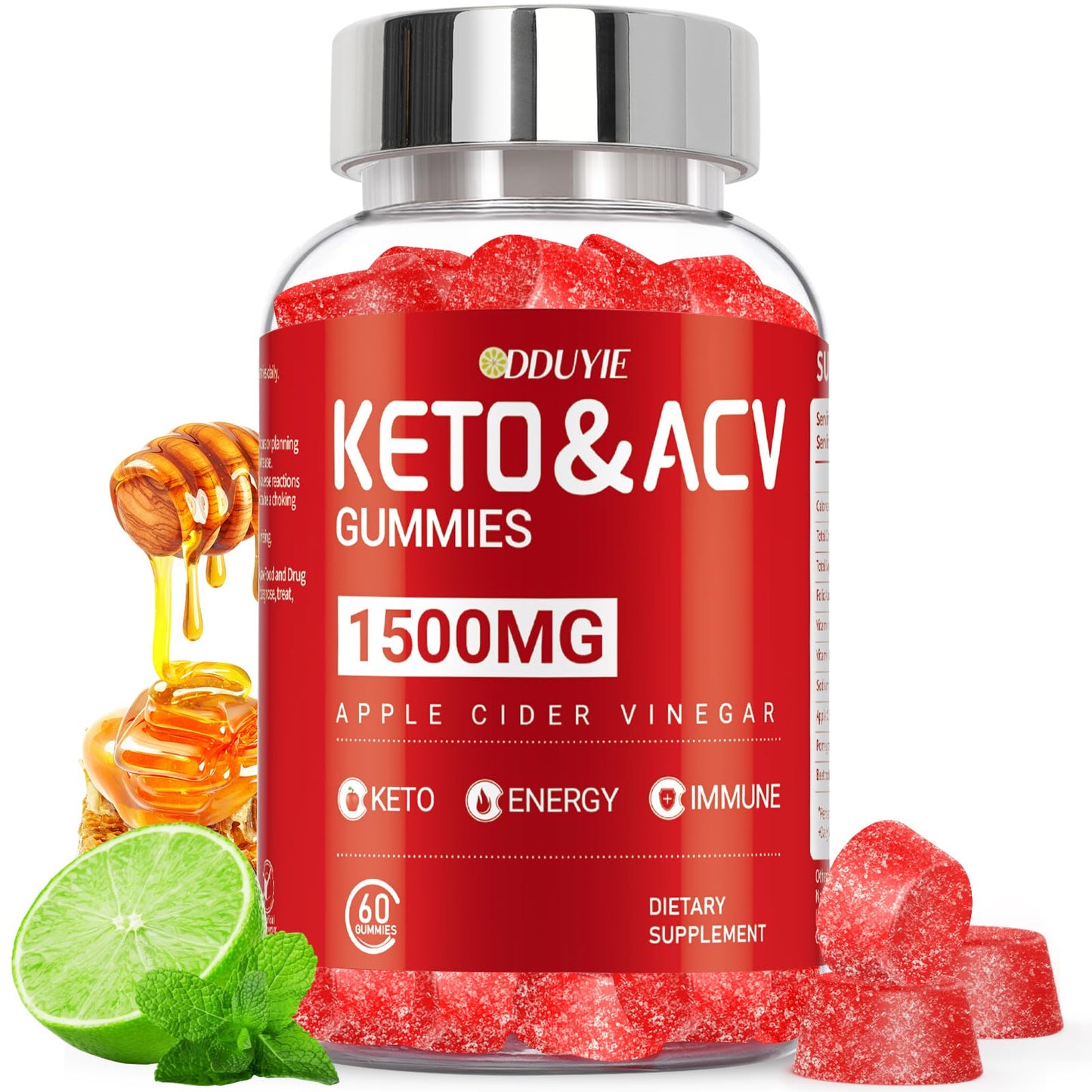 DDUYIE Keto ACV Gummies 1500mg for Weight Loss with Pomegranate Beetroot & Vitamin B12 B6, 60 Gummies