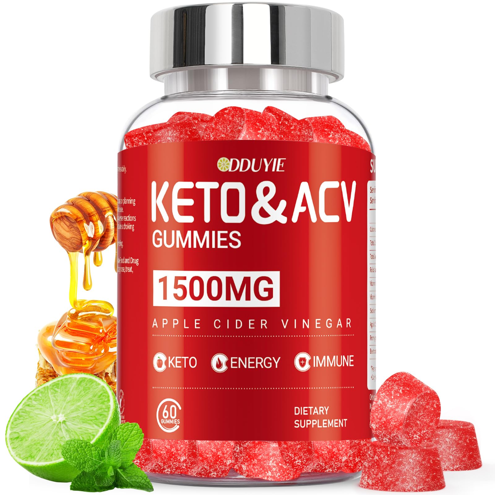 DDUYIE Keto ACV Gummies 1500mg for Weight Loss with Pomegranate Beetroot & Vitamin B12 B6, 60 Gummies