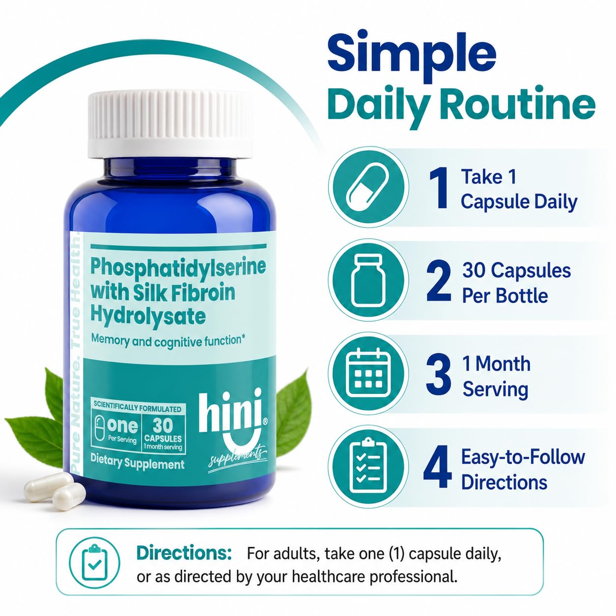 HINI Phosphatidylserine with Silk Fibroin Hydrolysate Capsules, 30 Count