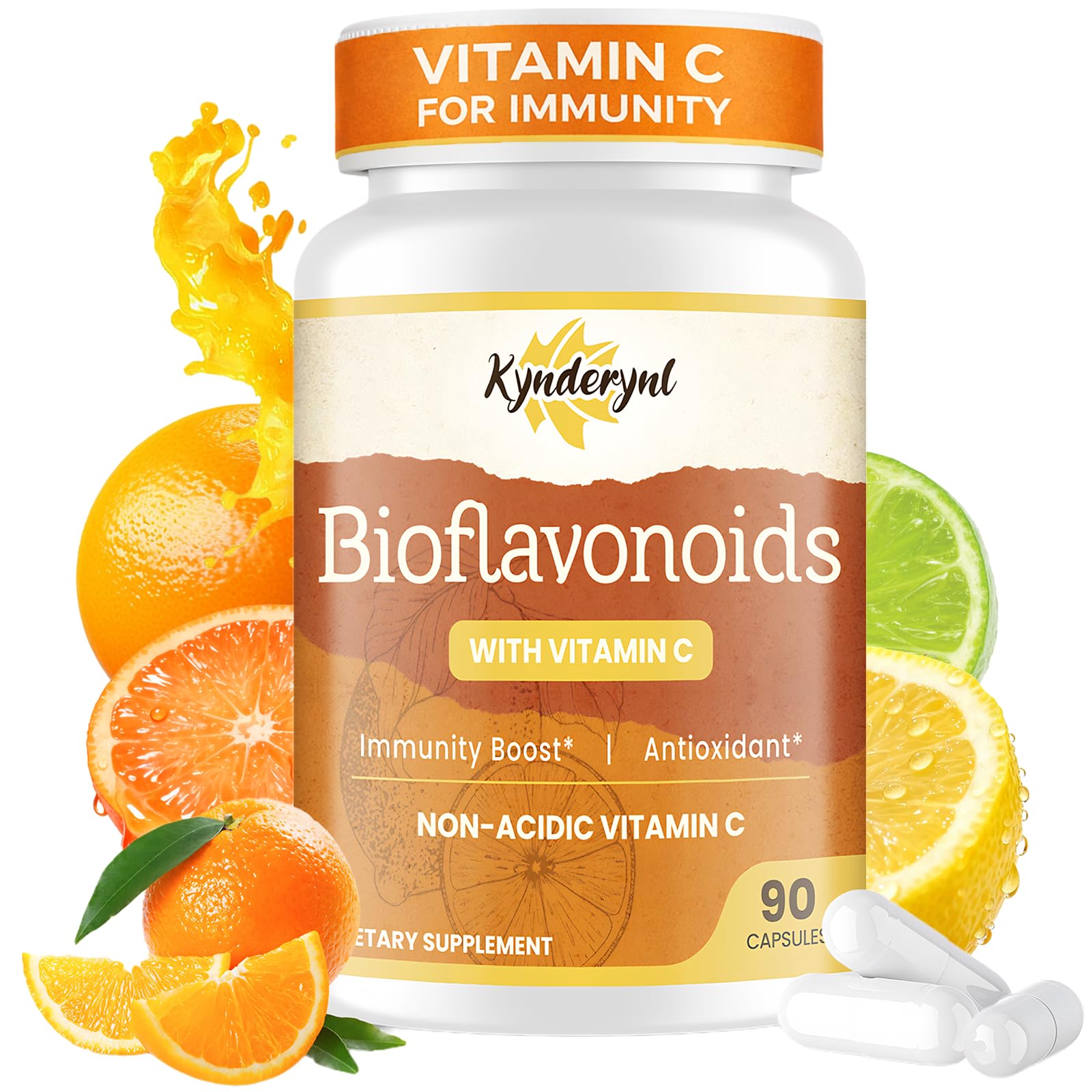Kynderynl Vitamin C with Bioflavonoids Supplement for Immunity & Antioxidant & Skin - Blend of VIT C 1000mg and Citrus Bioflavonoids 1100mg, Non-Acidic Acerola Cherry Vitamin C, Vegan, 90 Capsules