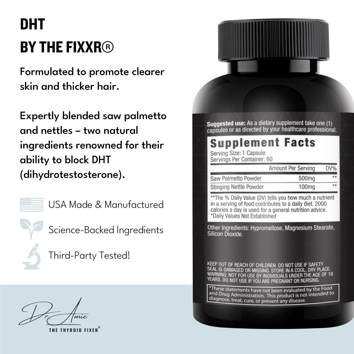 Fixxr DHT Support by Dr. Amie with Saw Palmetto and Nettles Acne and Hair Loss Support, 60 Capsules