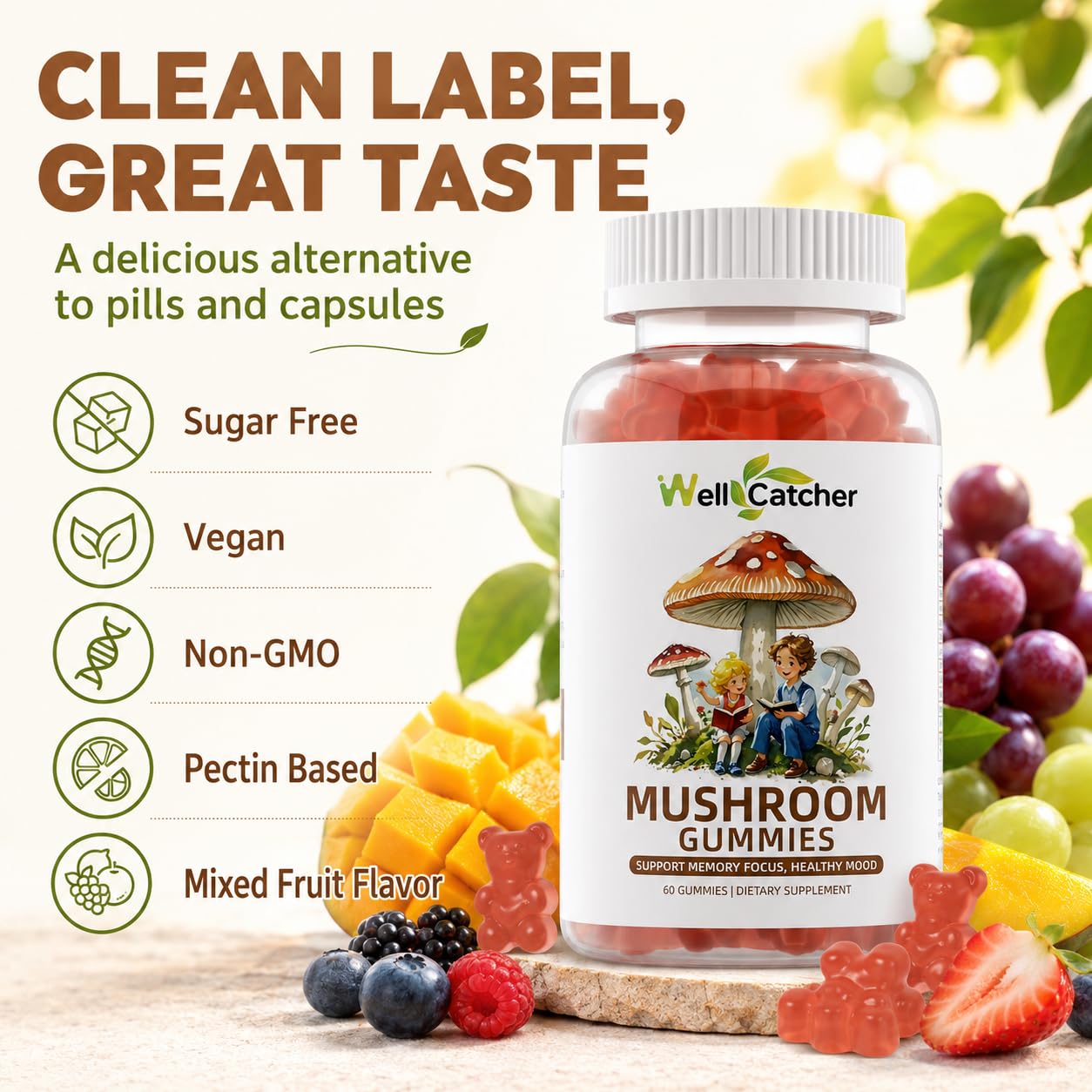 Wellcatcher Mushroom Gummies with Ashwagandha, Lion's Mane, Reishi & Cordyceps - Brain Support, 60 Gummies
