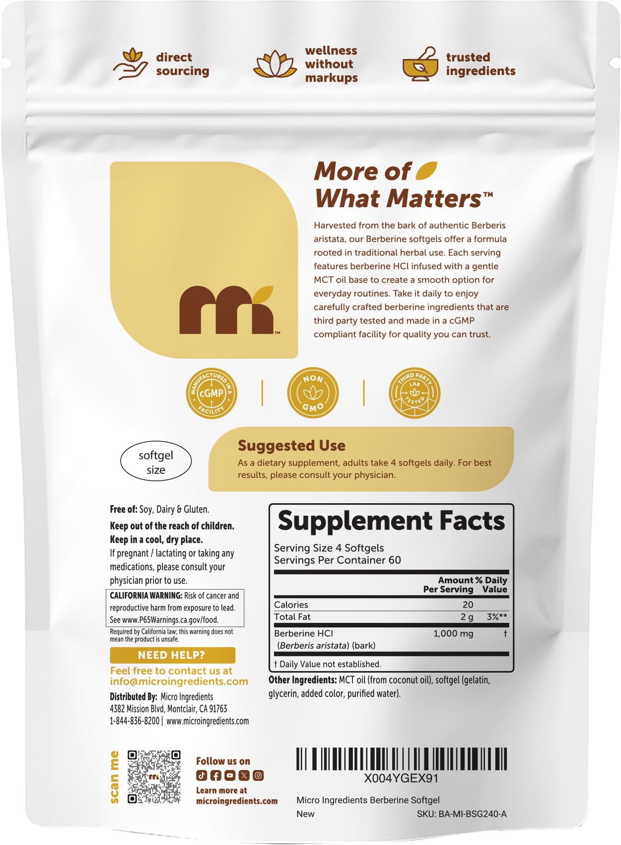 Micro Ingredients Berberine 1000mg with MCT Oil, Berberine HCl Supplement Softgels, 240