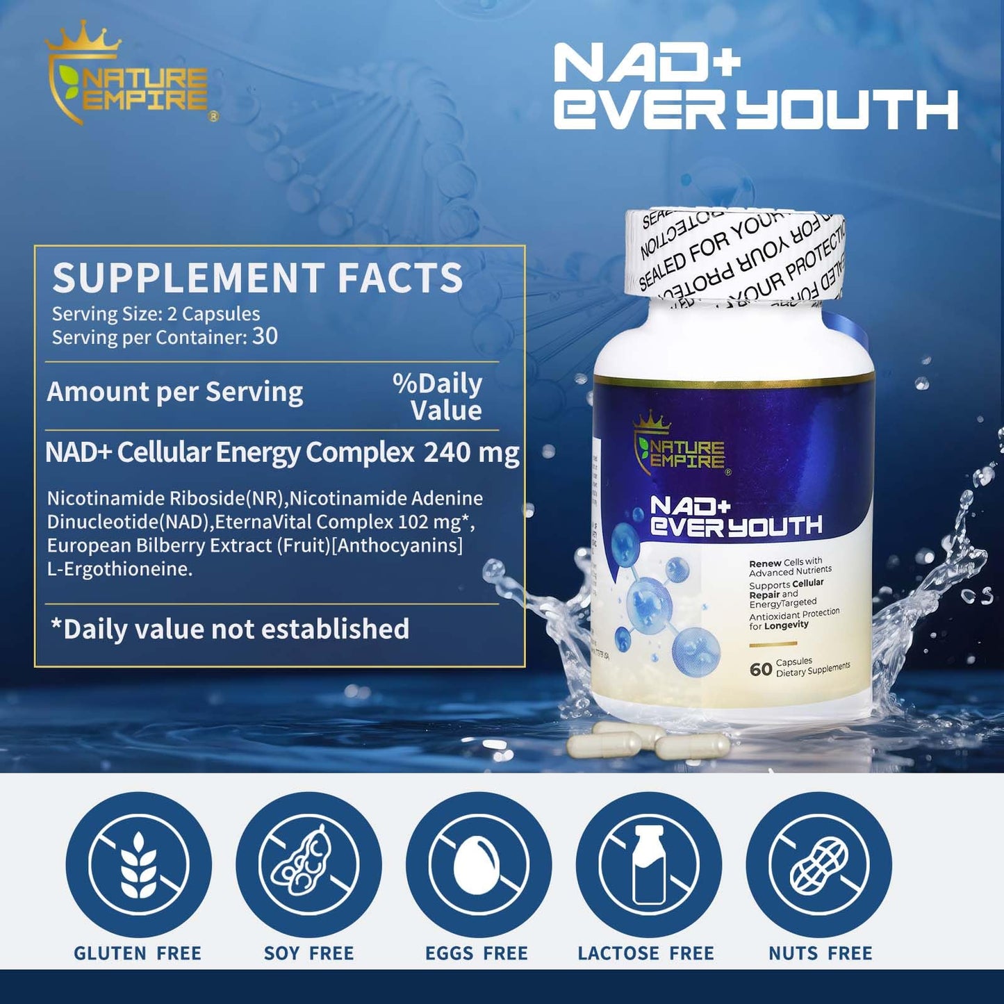 NATUREMPIRE NAD+ Supplement for Cellular Renewal Anti-Aging 4-in-1 with L-Ergothioneine, Nicotinamide Riboside (NR), European Bilberry, Antioxidant Support for Energy & Aging, 60 Capsules