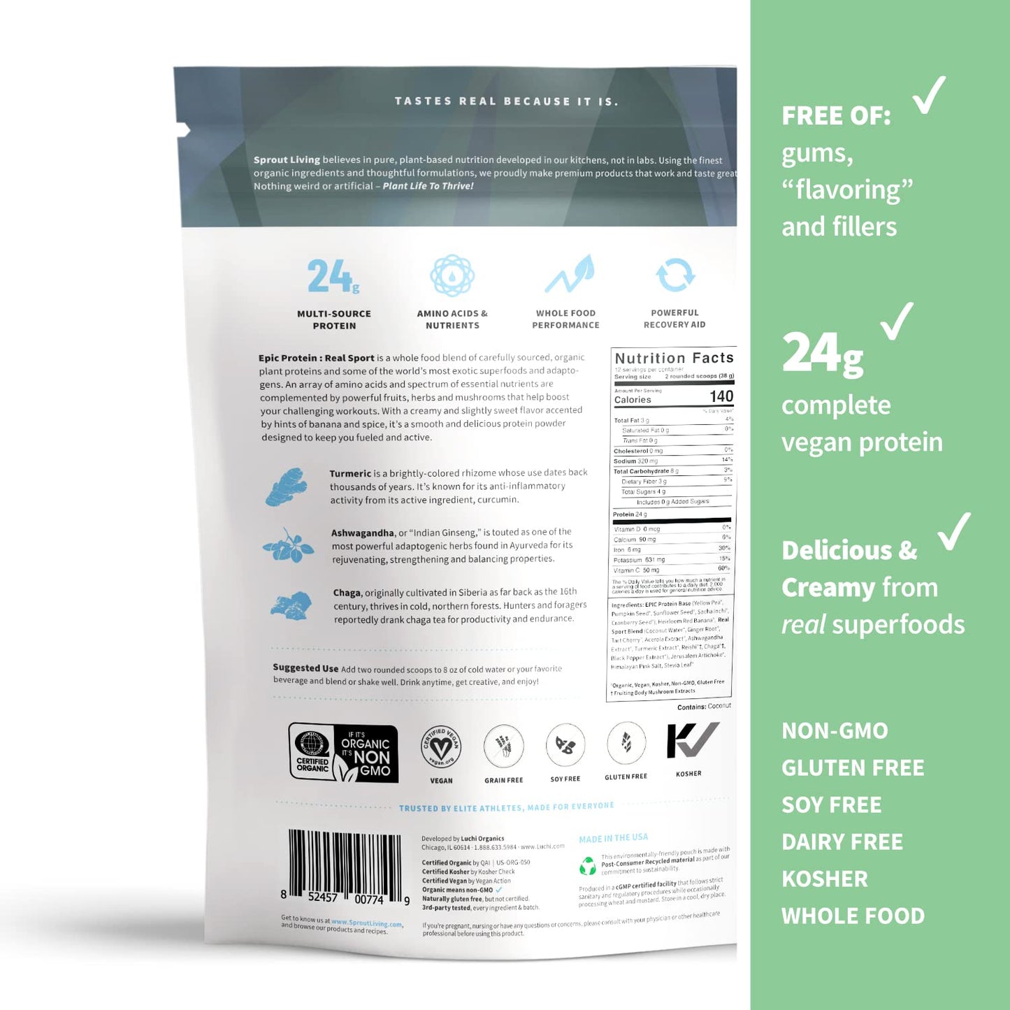 Sprout Living Epic Protein Plant-Based Protein & Superfoods Powder Real Sport, 16 Servings