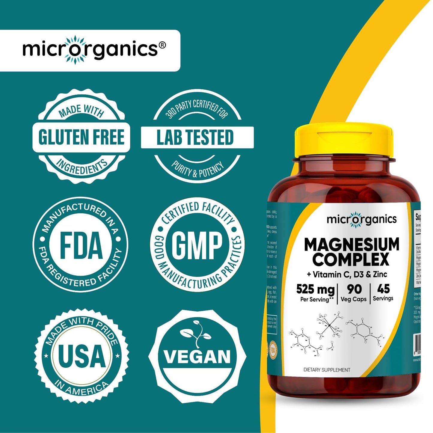 MICRORGANICS Magnesium Complex Capsules with Vitamin C, D3 & Zinc – 525 mg per Serving – 90 Vegan Capsules