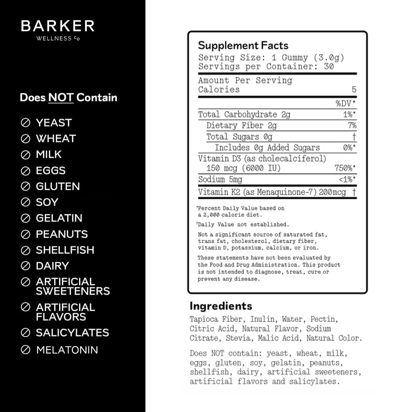 Barker Wellness Co D3 K2 Vitamin Gummies – Max Potency 6000IU D3 + 200mcg K2, Gummy, 30 Count
