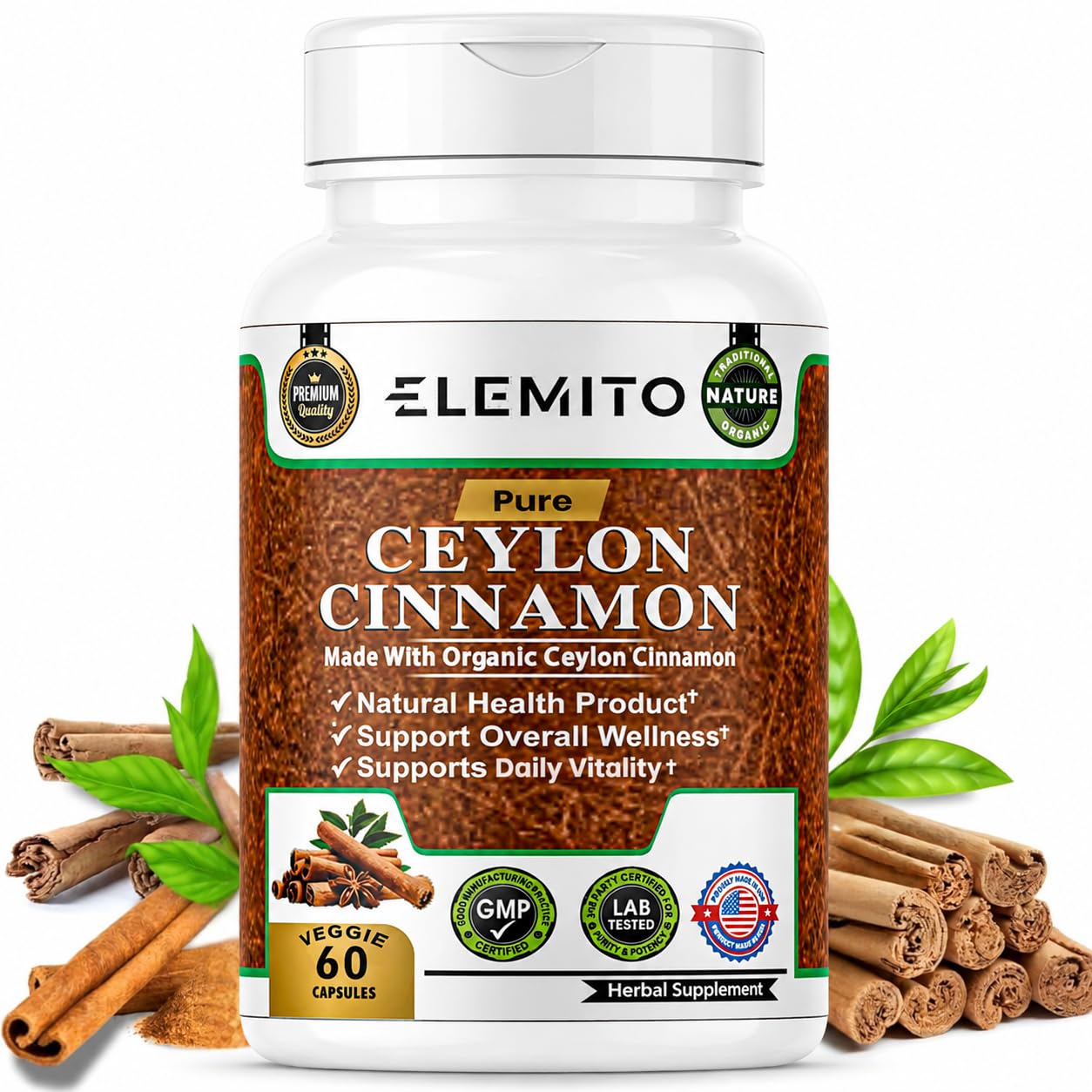 ELEMITO Organic Ceylon Cinnamon Capsules 1200mg, 60 Count