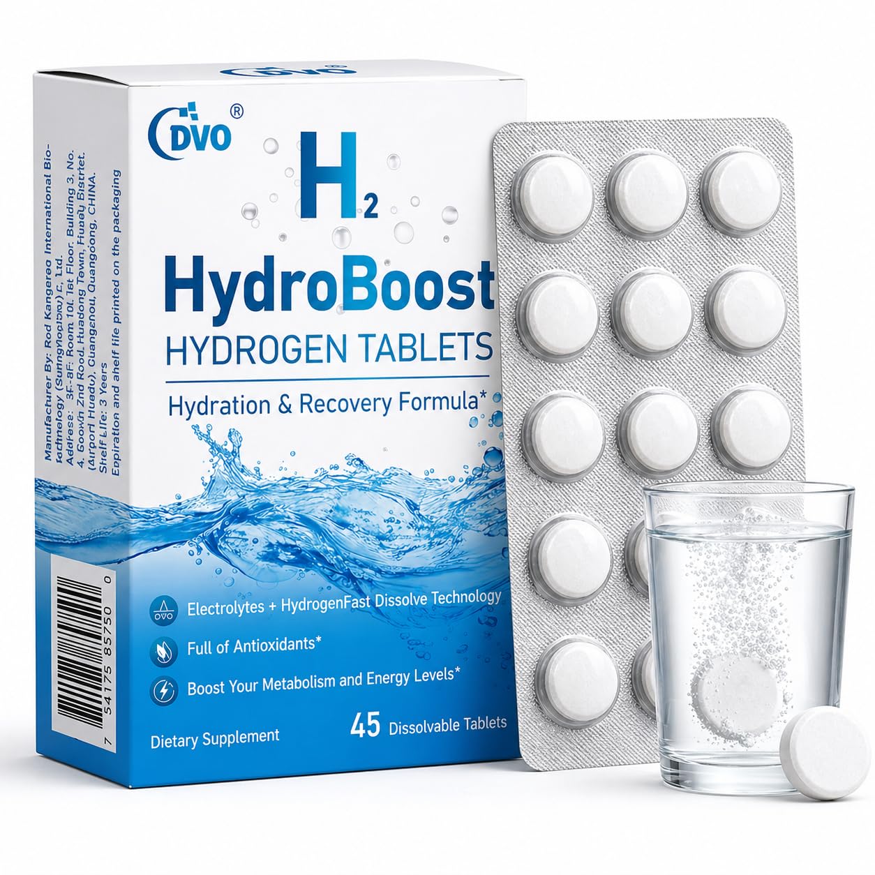 DVO H2 Hydrogen Water Tablets – Electrolytes & Magnesium Supplement, Fast Dissolve Hydration with Molecular Hydrogen, Antioxidants, Energy & Recovery Support – Sugar-Free, Vegan, 45 Tablets
