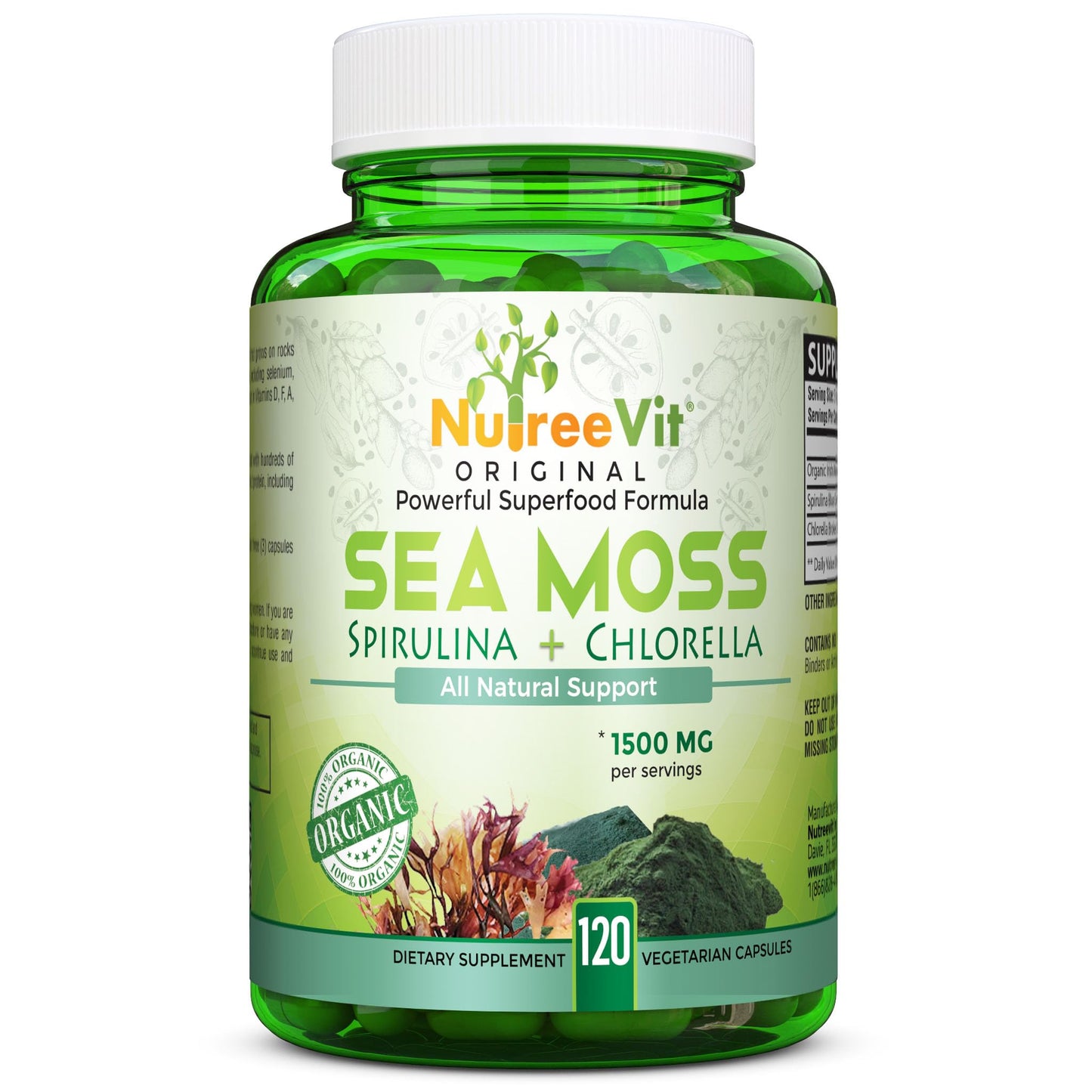 NutreeVit 100% Organic Sea Moss Spirulina Chlorella Capsules 1 Count