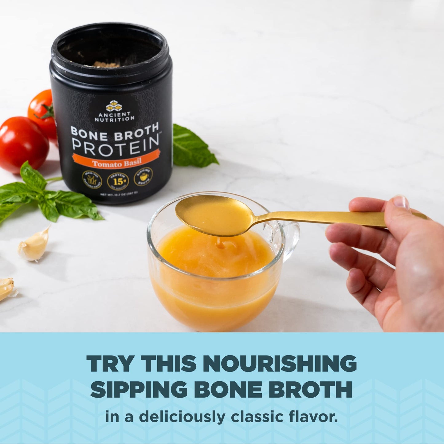 Ancient Nutrition Bone Broth Protein Powder, Tomato Basil, 15 Servings