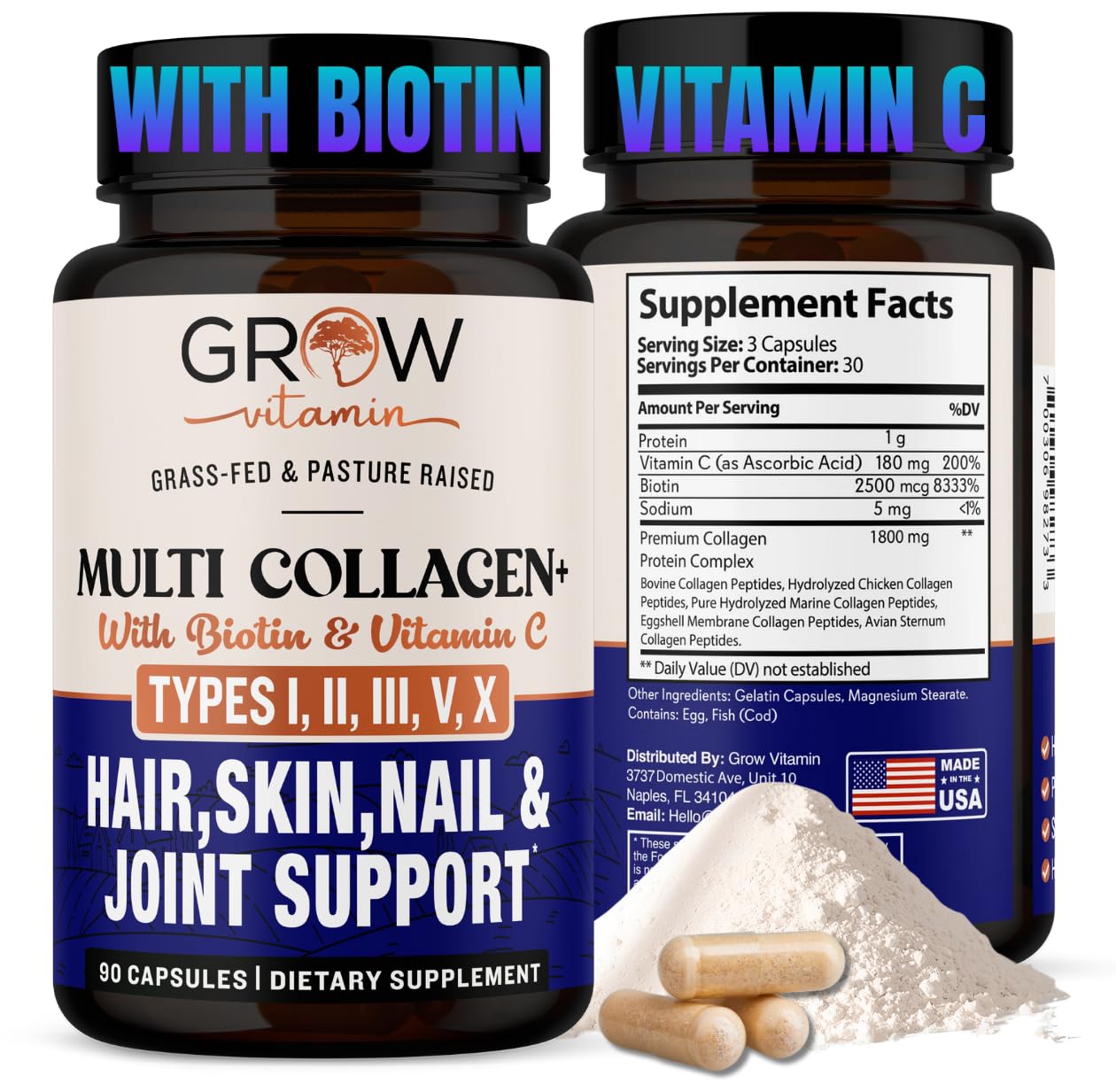 Grow Vitamin Multi Collagen Capsules 1800MG, 90 Capsules