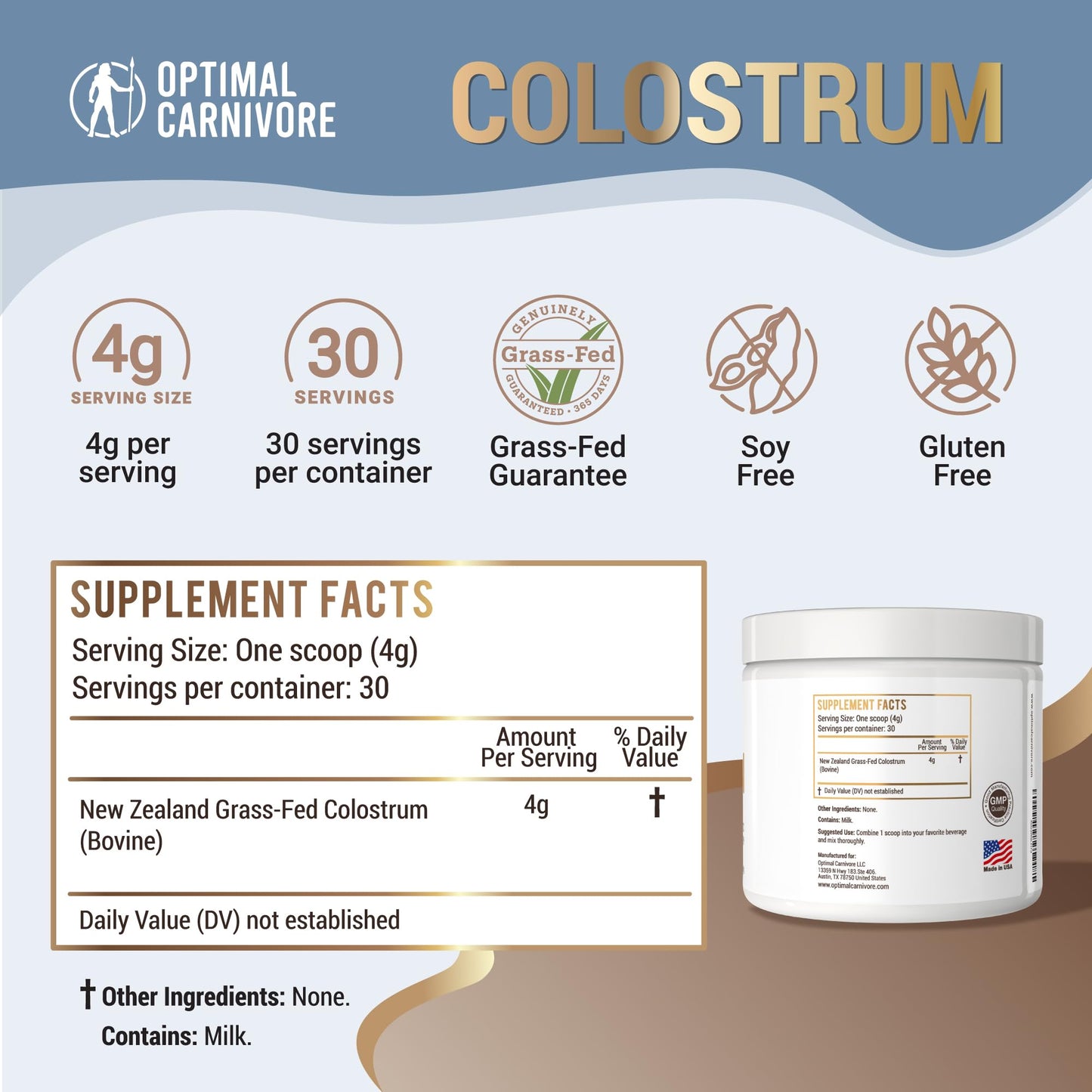 Optimal Carnivore Grass Fed Colostrum Powder 4.23 Ounce