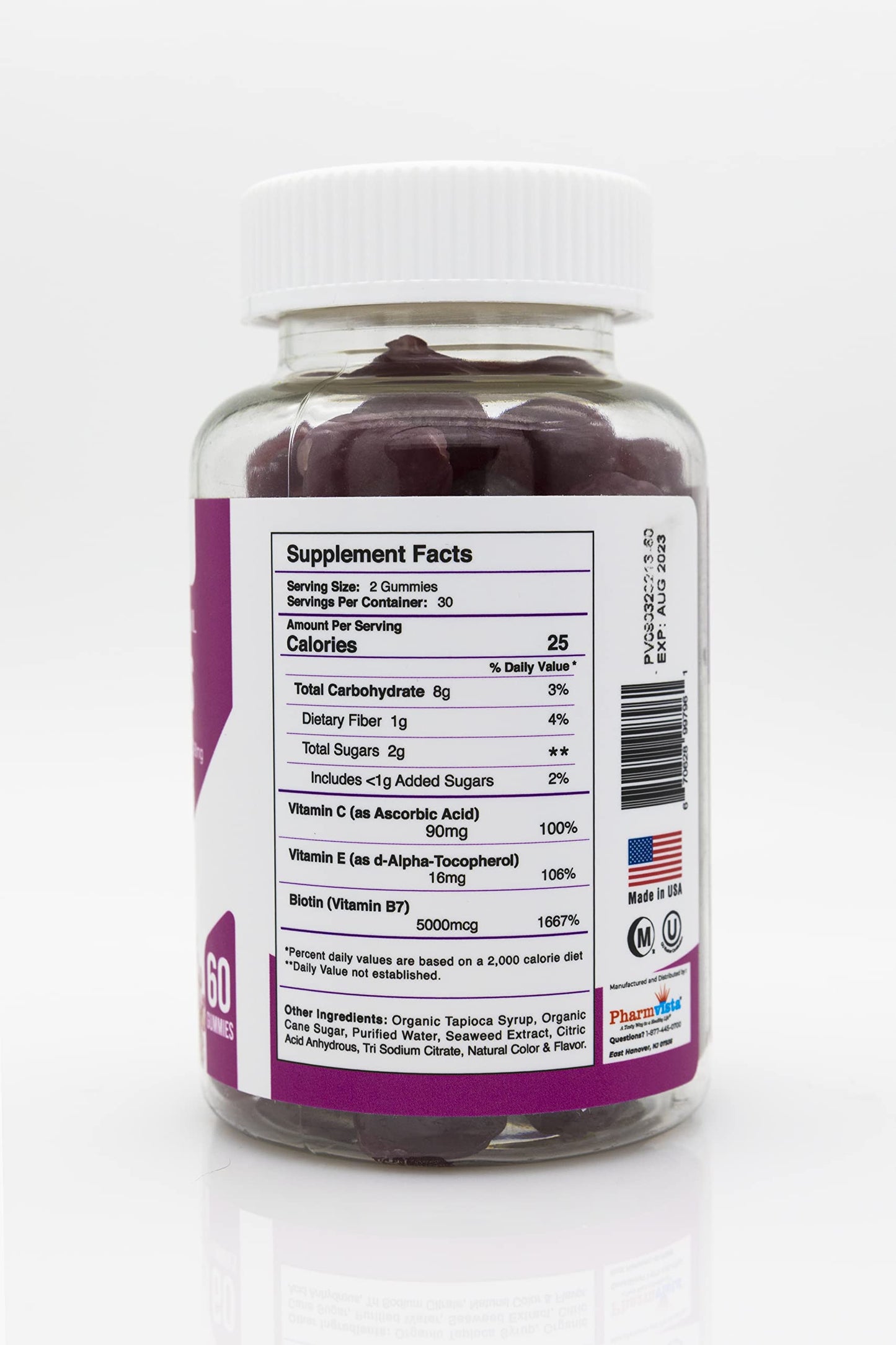 Pharmvista Hair Skin & Nail Vitamin Gummies with Biotin, Vitamin C & E - Vegan, Gluten-Free & Non-GMO - 60 Gummies