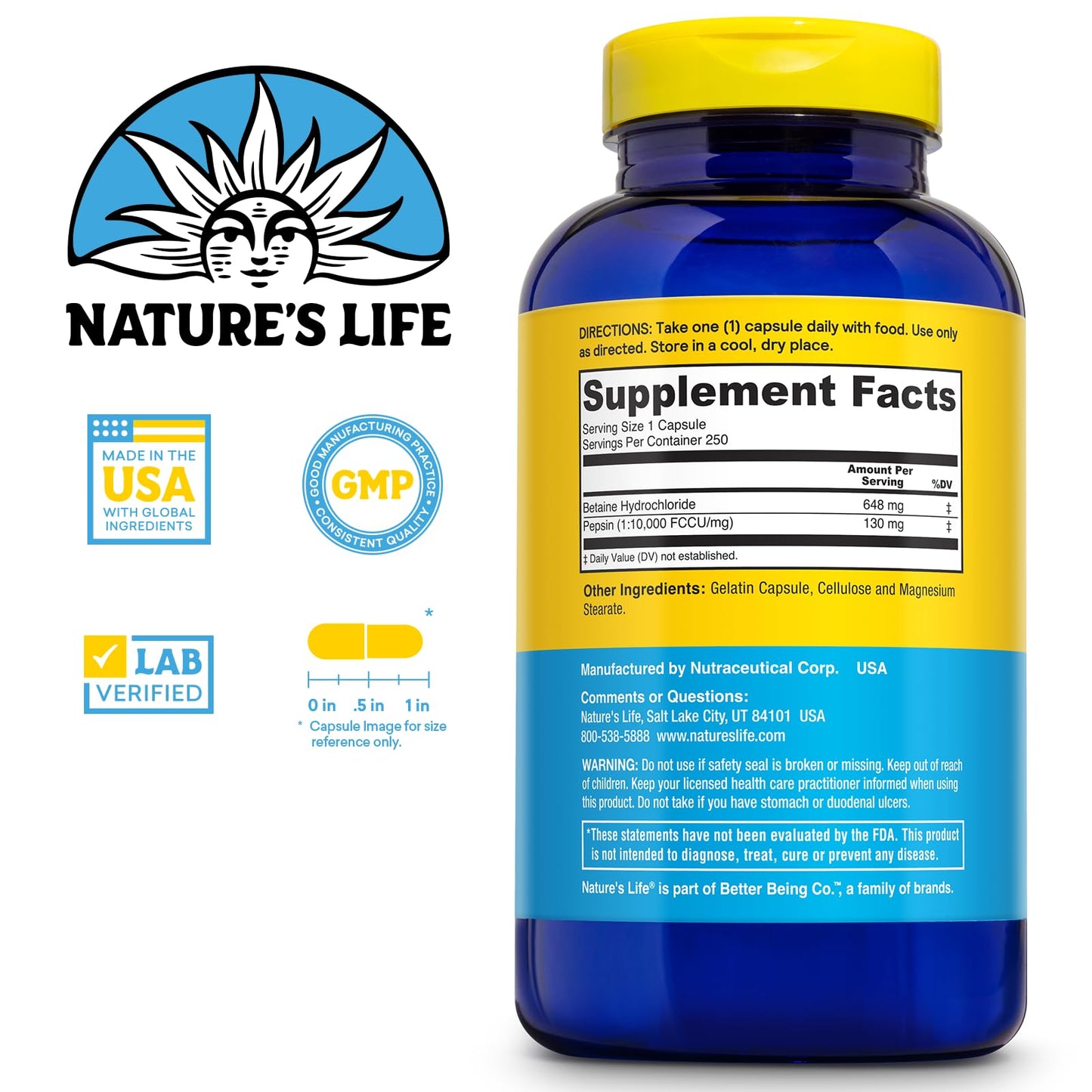 Nature's Life Betaine HCL with Pepsin - Digestive Health Formula with Digestive Enzymes for Gut Health Support - High Potency Hydrochloric Acid Supplement 250 Capsules