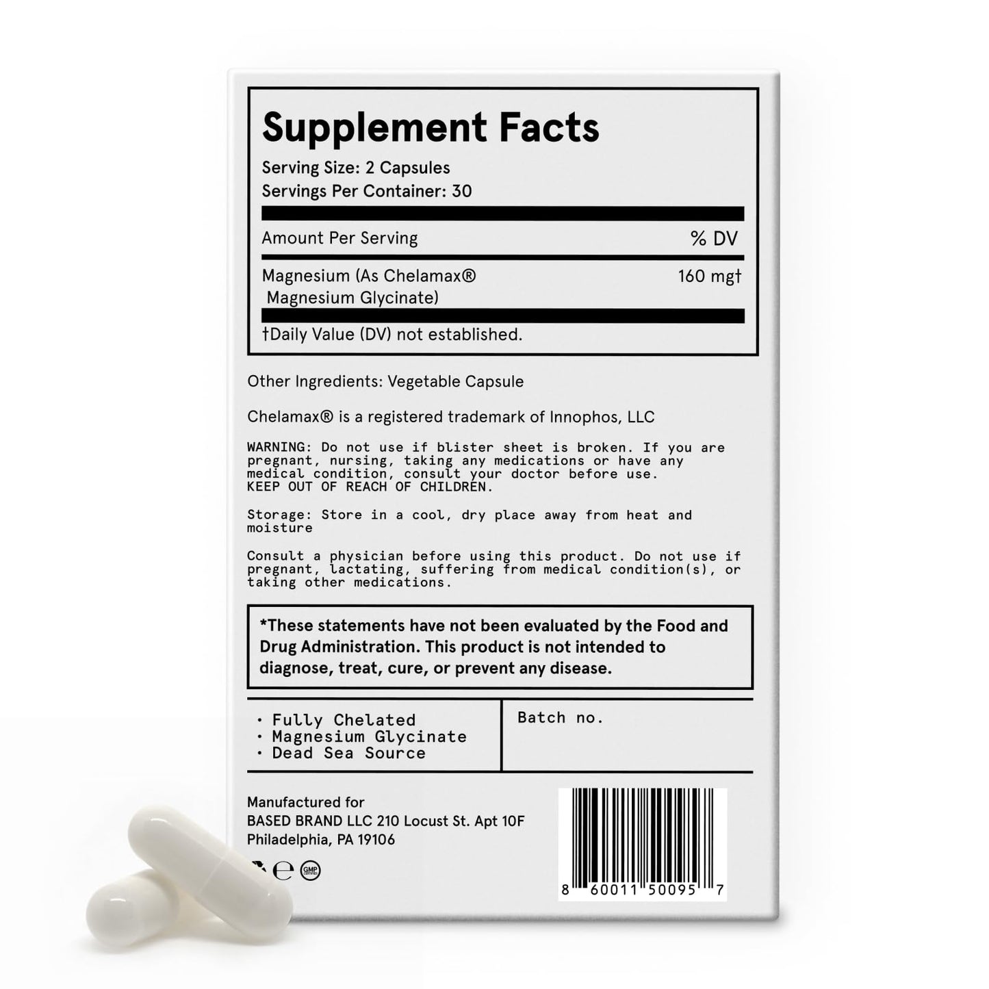 Based Supplements Dead Sea Magnesium Glycinate Capsule 60 Capsules