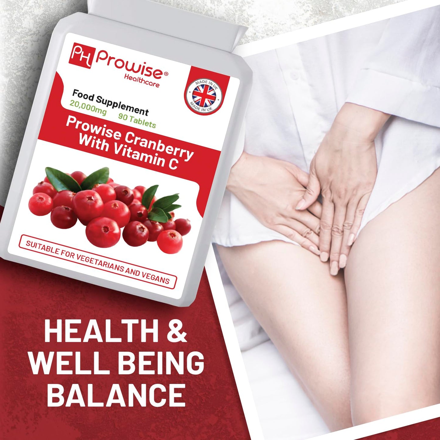 PH PROWISE Healthcare Double Strength Cranberry 20,000mg Added with Vitamin C Tablets - 90 Count