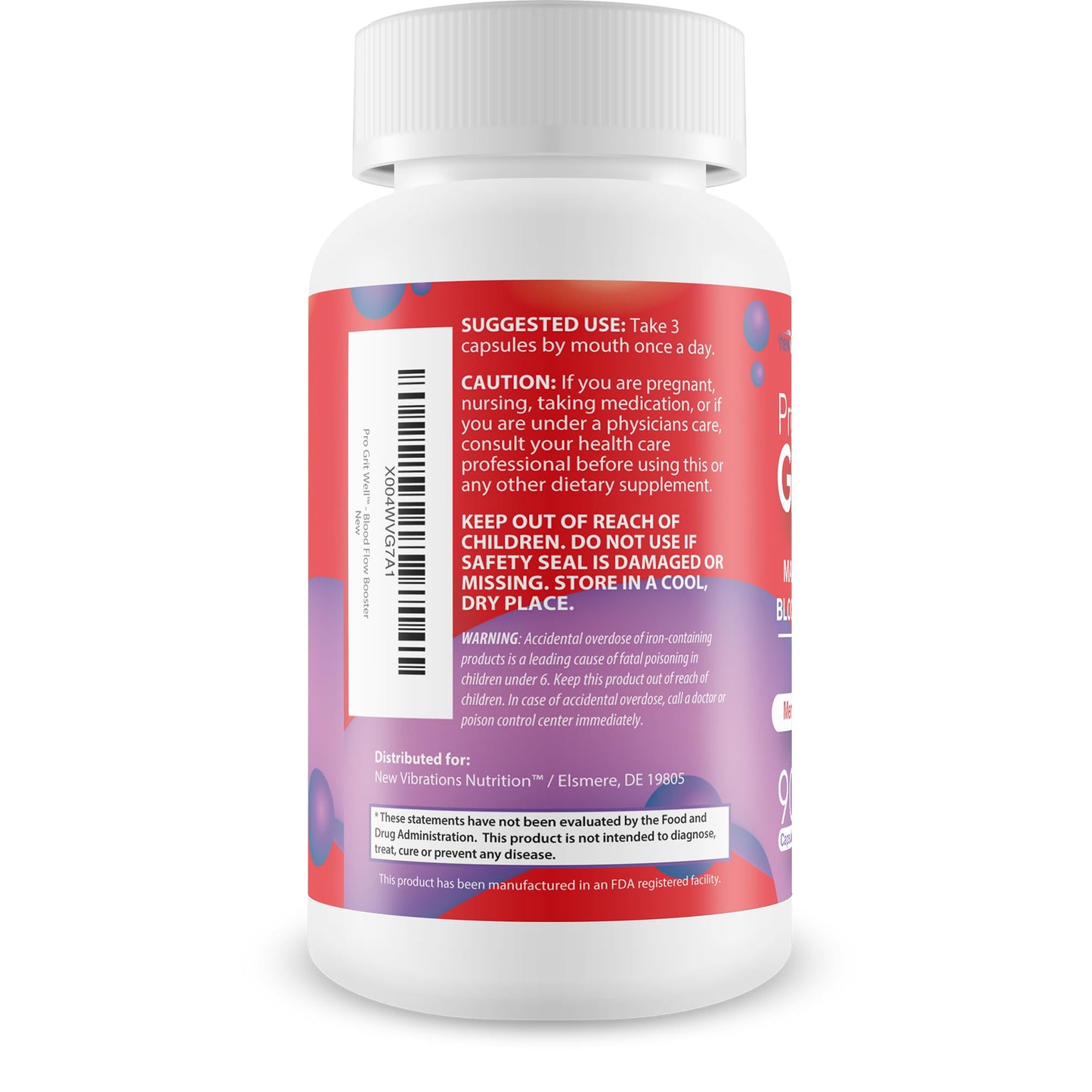 New Vibrations Nutrition Pro Grit Well Male Performance Max Blood Flow Booster Capsules 90 Count