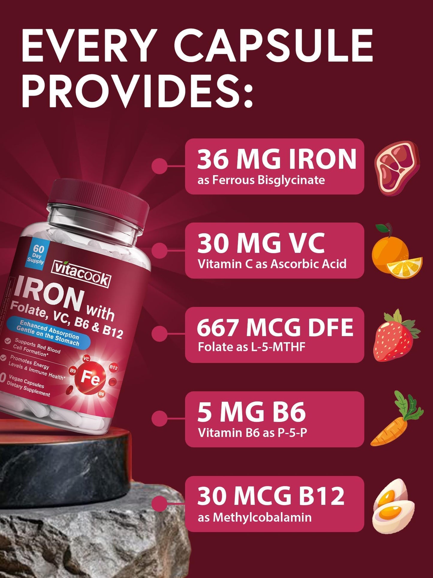 Vitacook Iron Bisglycinate with Vitamin C, B6, B12, Folate Capsule 60 Count