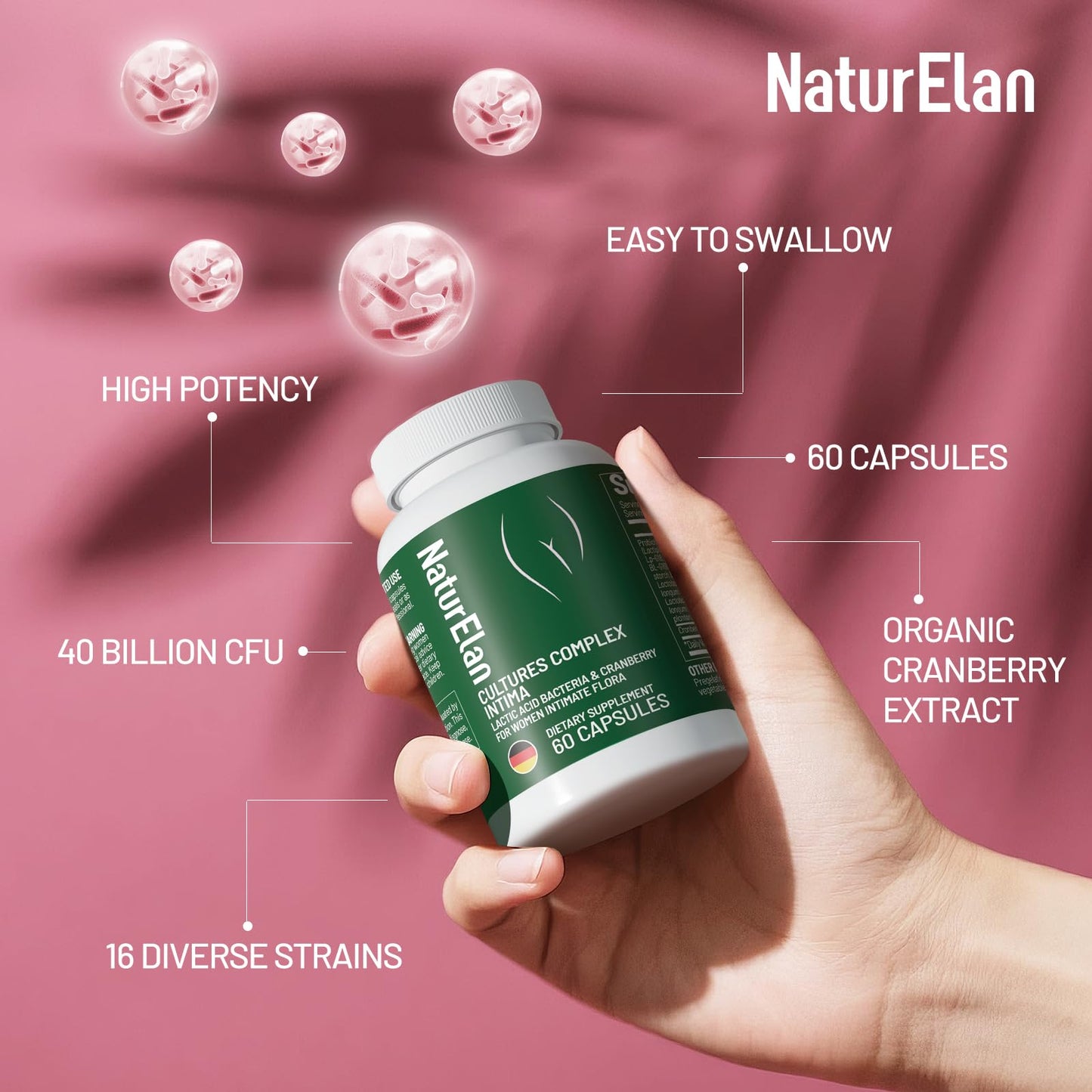 NaturElan Women's Probiotics 40 Billion CFU – 16 Strains with Cranberry, Vaginal, Digestive & Immune Support, pH Balance & Gut Health – Capsule, 60 Count