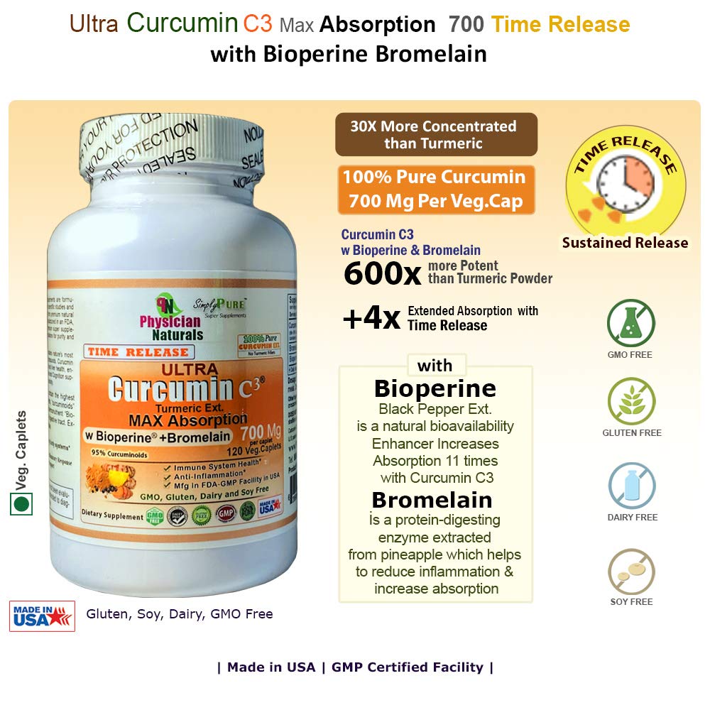 Physician Naturals Ultra Curcumin C3 Time Release with Bioperine & Bromelain Capsules, 120